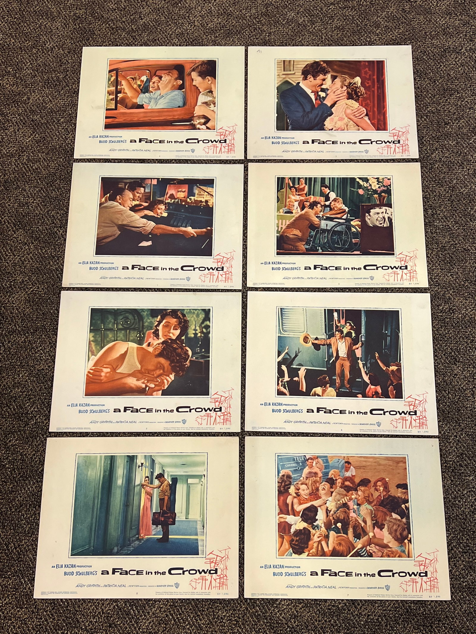 Set of 8 “A Face in the Crowd" Lobby Cards: These are lobby cards for the 1957 film A Face in the Crowd, directed by Elia Kazan.Lobby cards were a standard film promotion tool, typically issued in sets of eight to be displayed in movie theater 