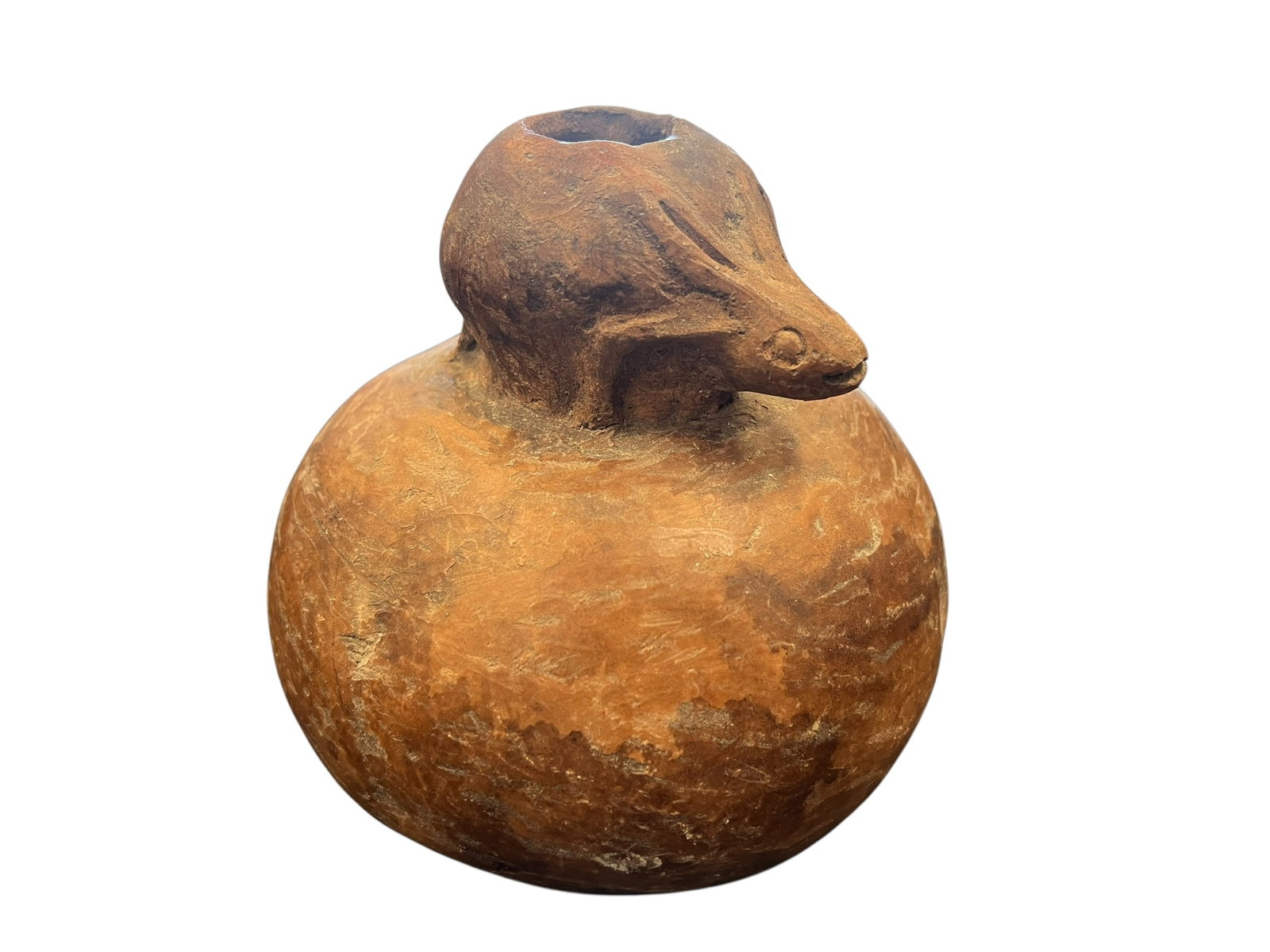 Native American Pottery Effigy Vessel: This appears to be a zoomorphic effigy vessel from the Mississippian culture period, featuring a figural animal design on a gourd-form body. [1, 2]Similar artifacts from this culture have sold at auct