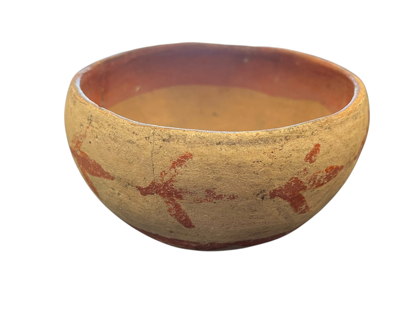 Native American Pottery Bowl: This is a hand-painted Pre-Columbian pottery artifact, similar to Mayan or Michoacán ceramic containers from the 2nd–6th century.The vessel is crafted from terracotta clay and features a red slip o
