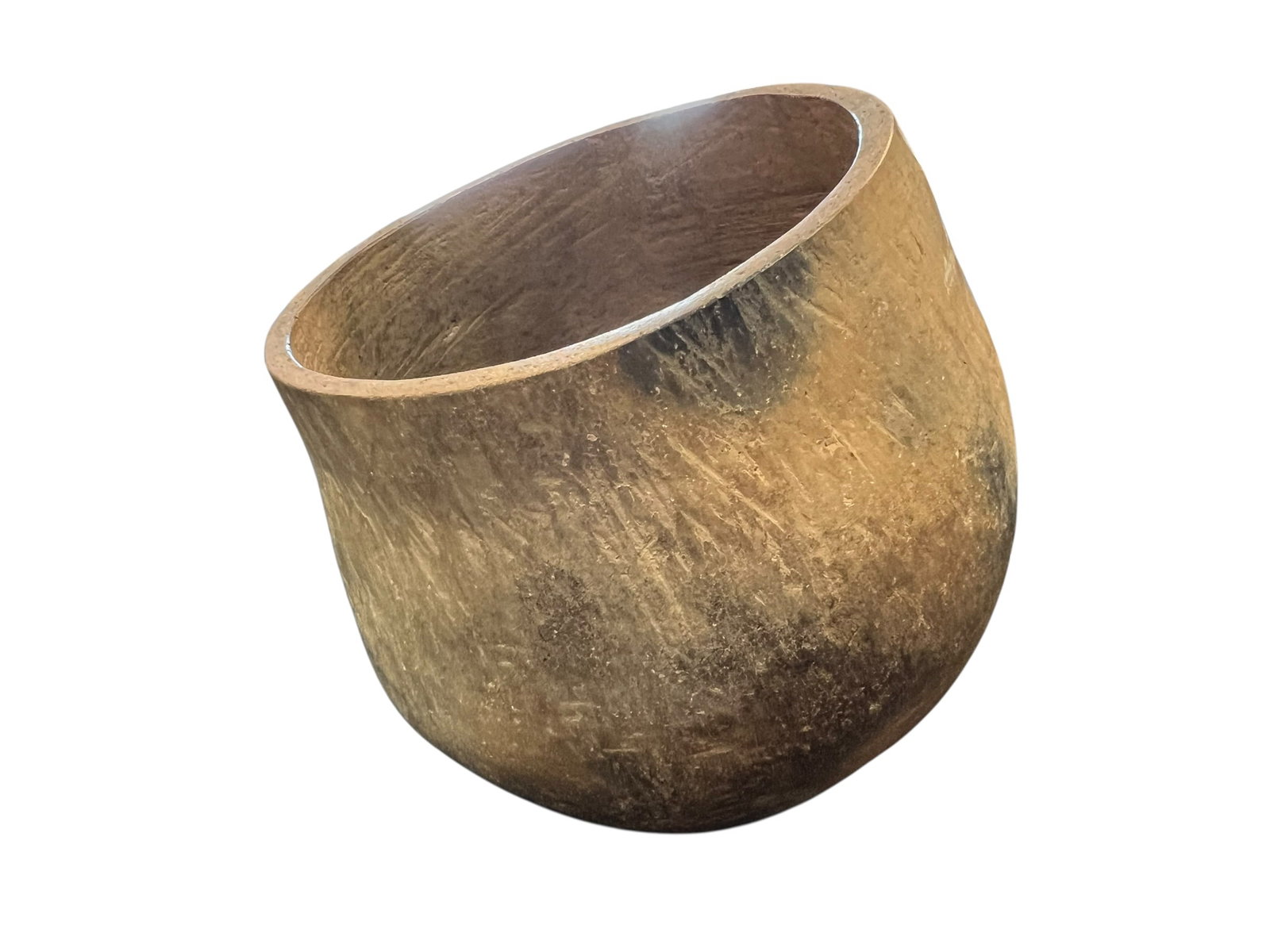 Native American Natural Dried Gourd Bowl: This item is a mango wood decorative bowl featuring a deep, cup-like shape with a rich walnut finish. It is frequently used for rustic home accents, centerpieces, or serving smaller foods like nuts
