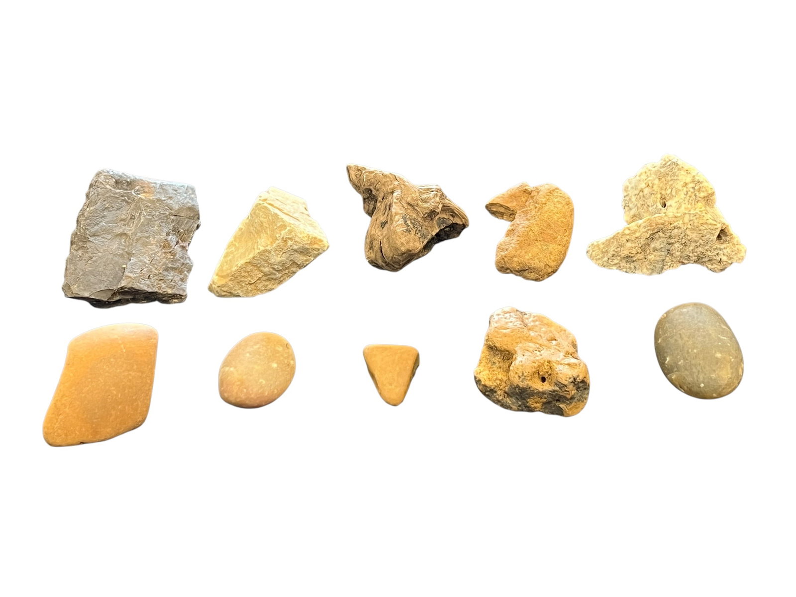 Lot of 10 Native American Artifacts: This image showcases a diverse collection of 10 geological specimens featuring distinct colors, shapes, and textures. [1]Rock Breakdown (Left to Right)Top Row:Grey Platy Rock: Features parallel flat