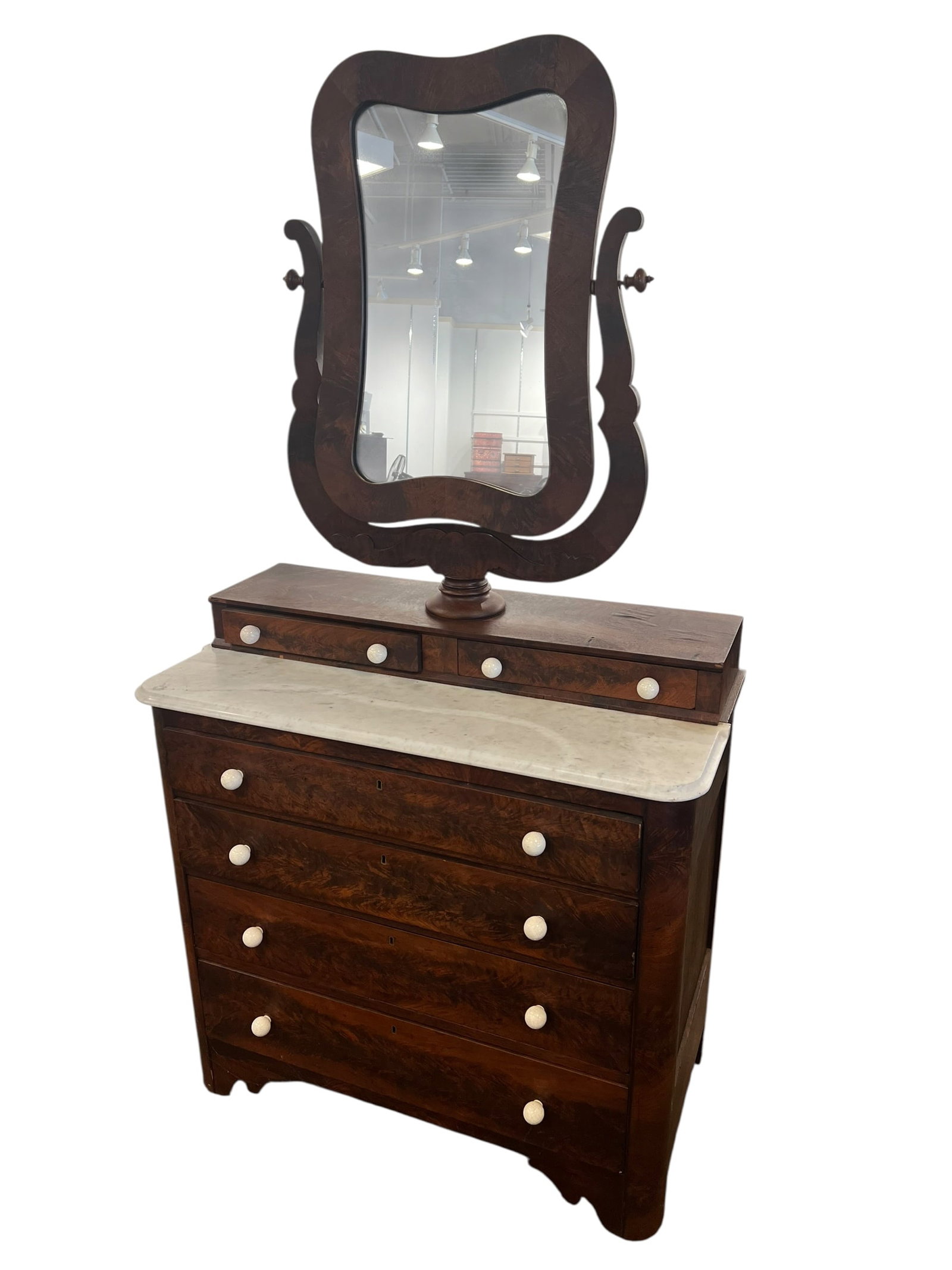 Antique Empire-style Mahogany Marble Top Dresser with Mirror (1 of 6)