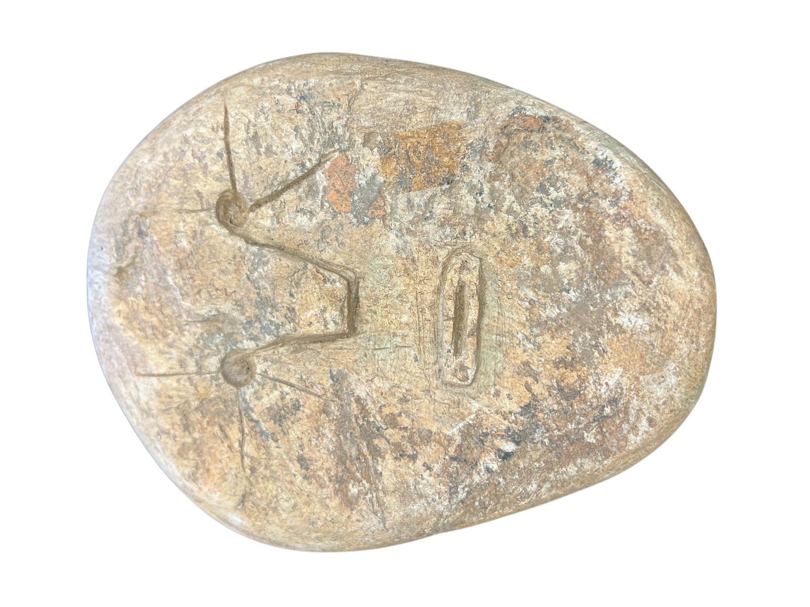 Native American Carved Stone Face: This object is a carved stone widely marketed online as an "Aztlan artifact" or "Ojuelos de Jalisco alien stone," which are widely recognized as modern pseudo-archaeological fabrications. [1]Visual