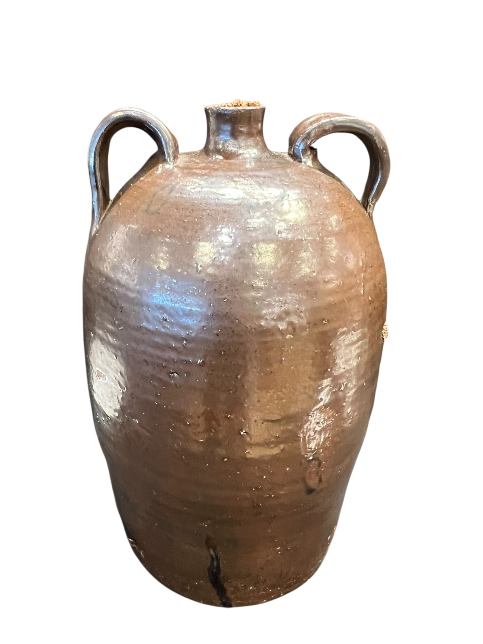 Brown Salt Glaze Stoneware Double Handle Jug White Co Georgia: This appears to be a vintage French wine pot or a 19th-century stoneware jug featuring a distinctive double-handled design.Similar earthenware vessels were historically used as water jugs or for stori