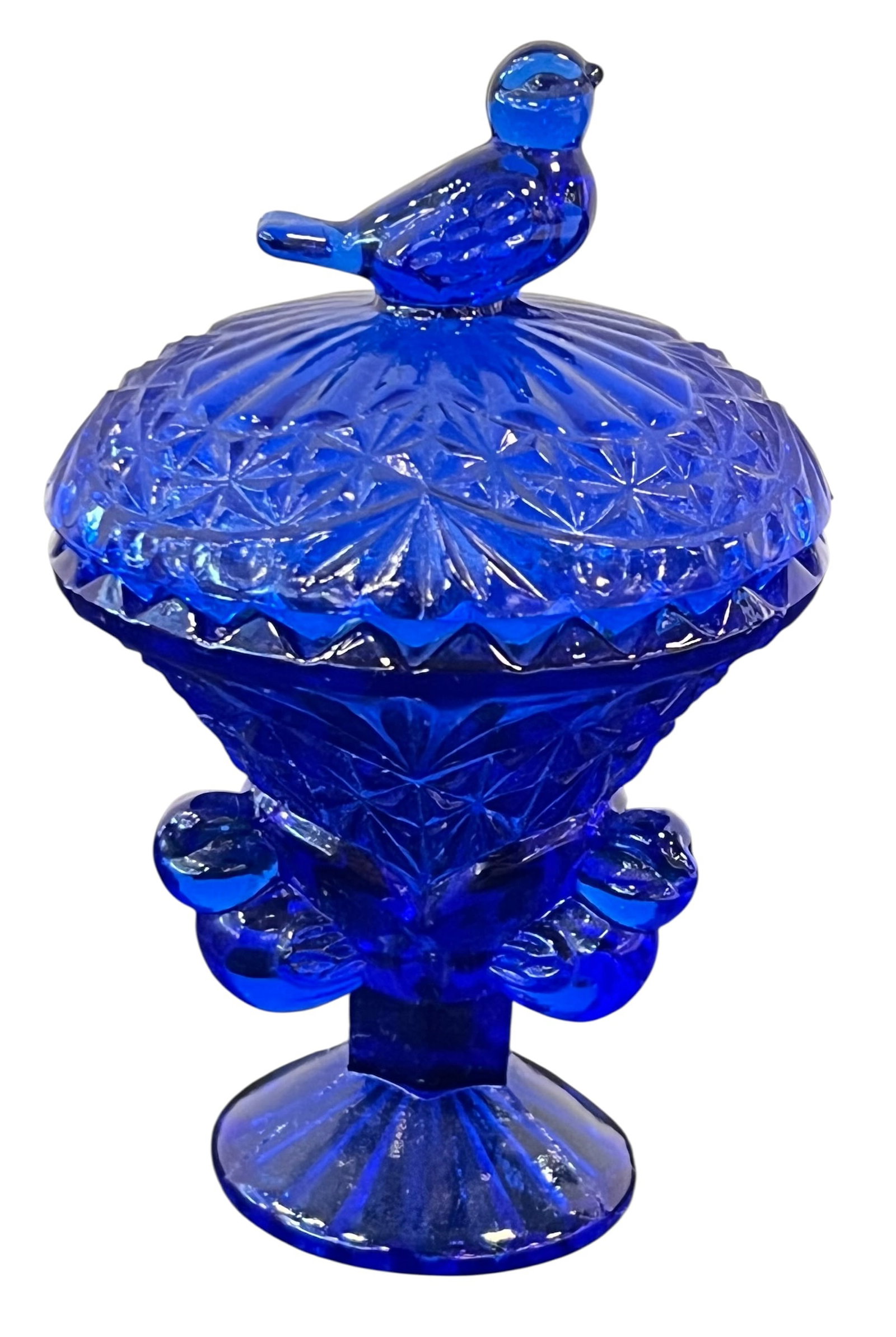 Small Hofbauer Byrdes Cobalt Blue Covered Pedestal Trinket Dish: This item is a vintage Hofbauer Byrdes collection cobalt blue glass covered pedestal trinket dish.Produced by the German glassmaker Hofbauer Crystal during the mid-to-late 20th century, this piece is 