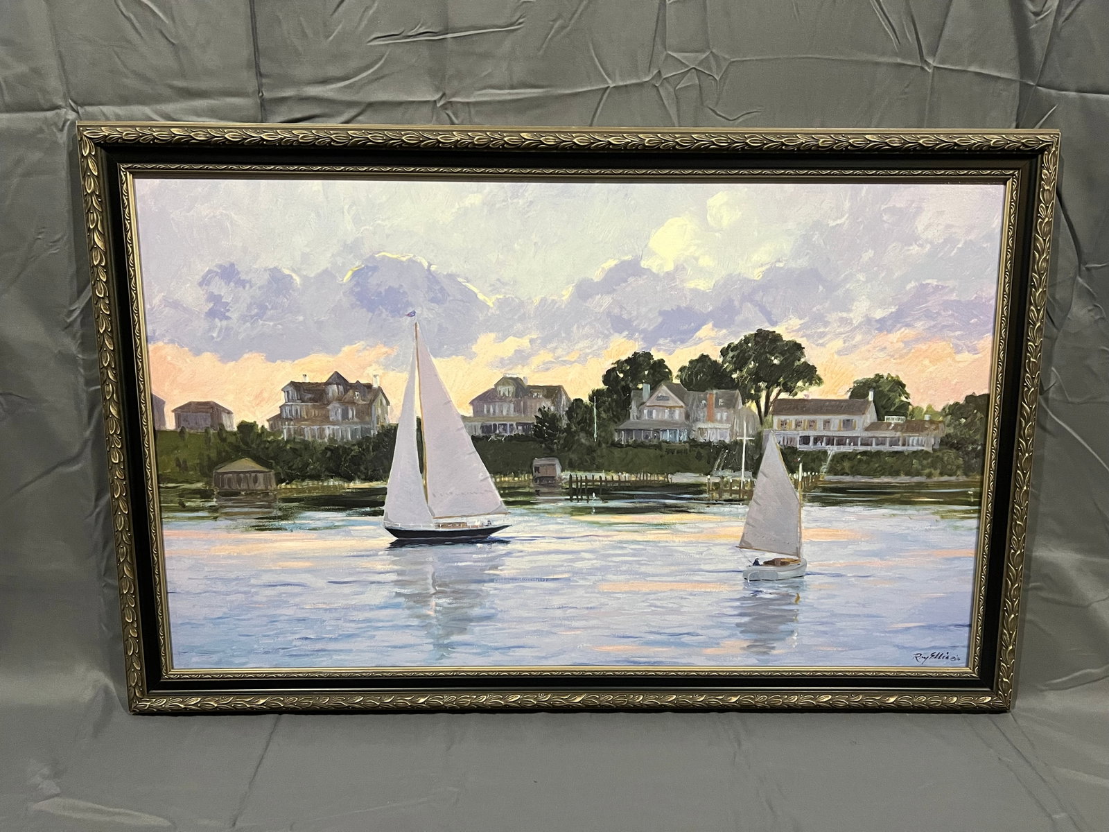 Signed Ray Ellis “Dusk at Tower Hill?? Print: The artwork featured in the image is titled "Dusk at Tower Hill" by the American Impressionist painter Ray Ellis (1921–2013). [1, 2]About the ArtworkSubject: The painting captures a serene coastal t