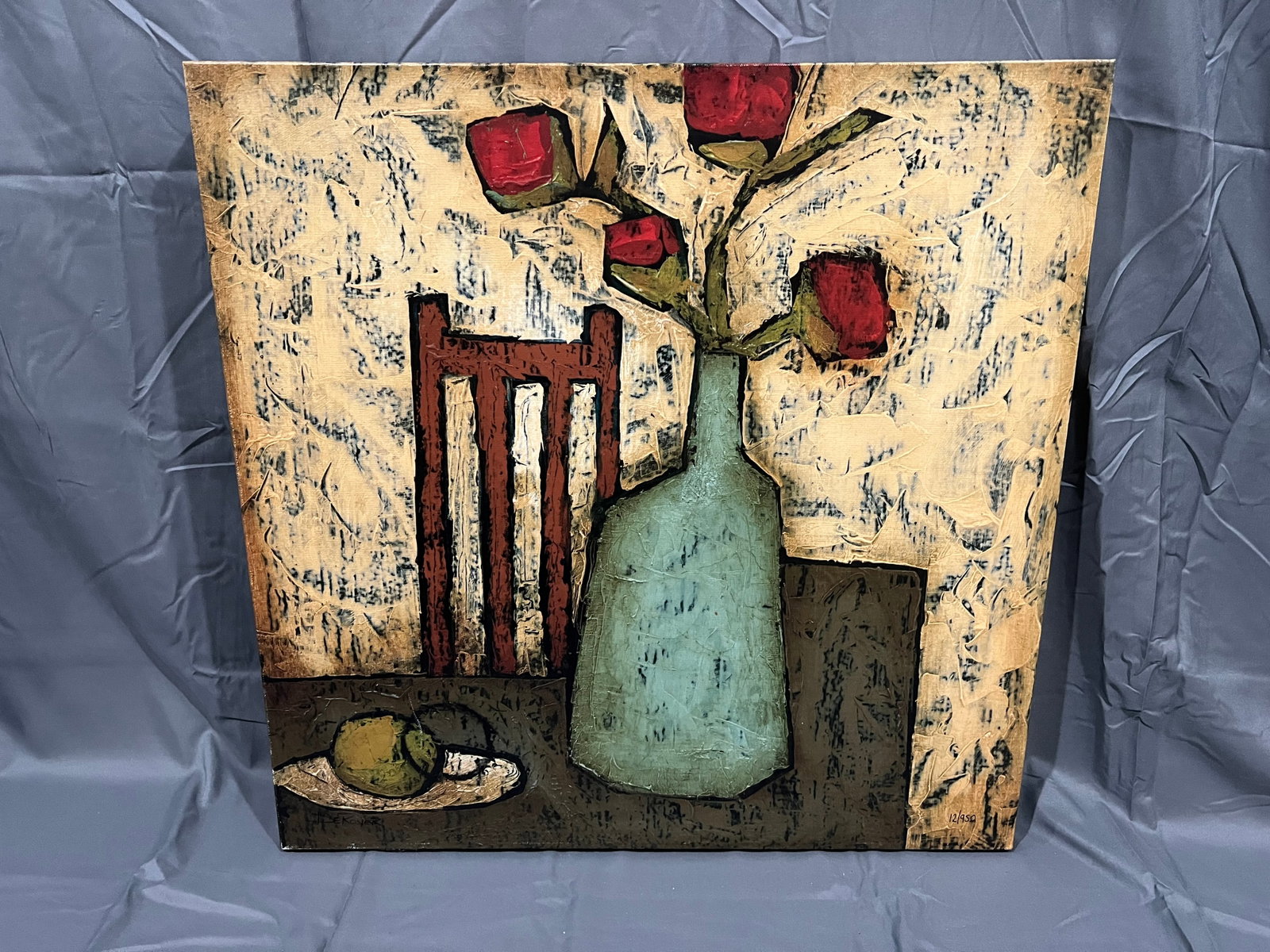 75Signed Derosier "Vase with Fruit 4?? Print: This piece of art is titled "Vase with Fruit IV" and is a rustic, textured still life painting created by the artist DeRosier. [1]About the ArtworkComposition: The piece uses a primitive, semi-abstrac