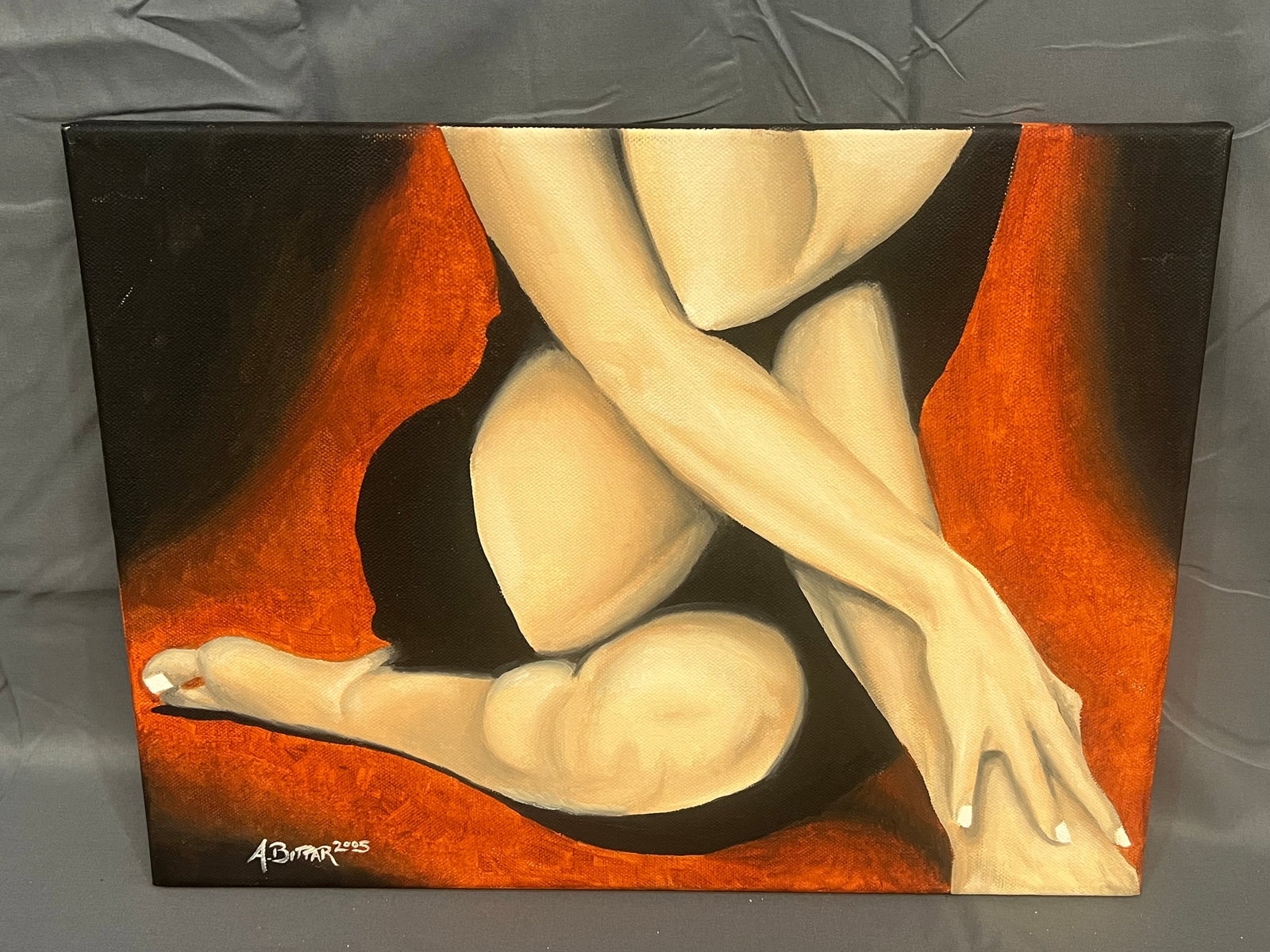 148Signed A. Bittar Oil on Canvas - Portrait of woman legs: This image features a striking figurative oil painting on canvas created in 2005, signed by the artist as A. Bittar in the bottom-left corner. [1]Visual AnalysisSubject Matter: The piece presents a st