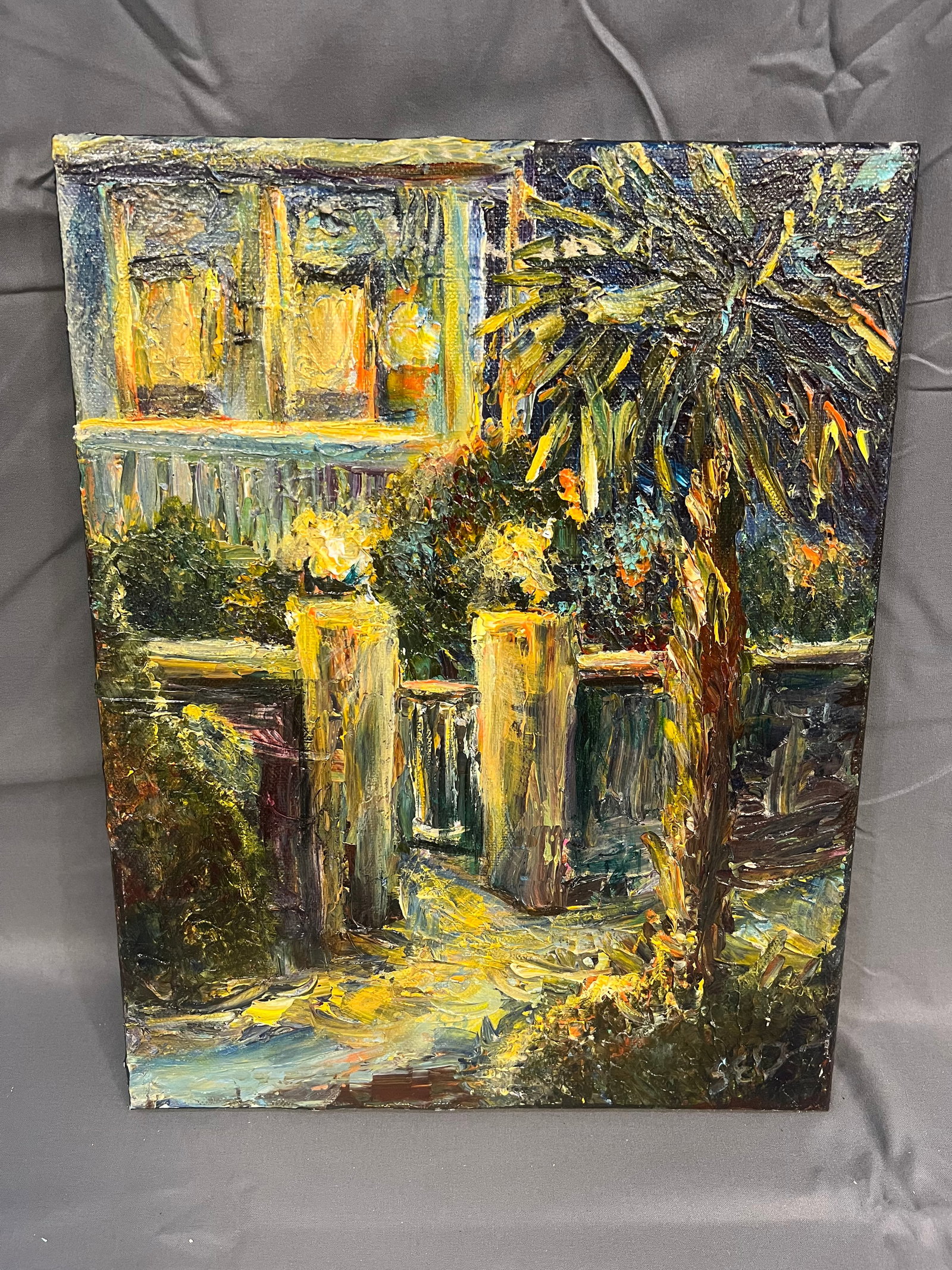 178Signed Sarah Davis - Gated Scene: This image displays a vibrant, heavily textured original oil painting created in an expressive, impressionistic style. The composition highlights a coastal or tropical nighttime scene glowing with art