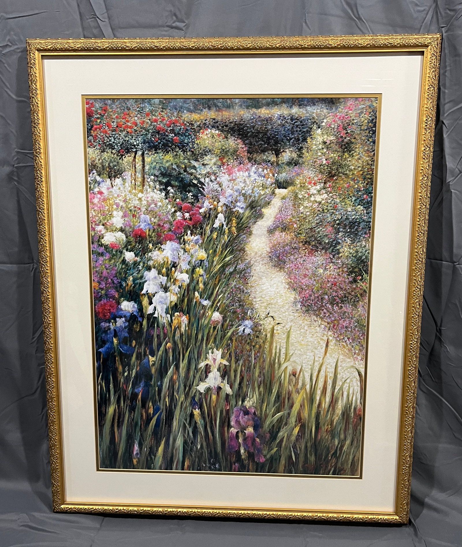 20Signed Greg Singley Print - “Glorious Path: This artwork is a framed impressionist print titled "Glorious Path" by American artist Greg Singley (born 1950). Known for his vivid neo-impressionist floral landscapes, Singley frequently depicts lus
