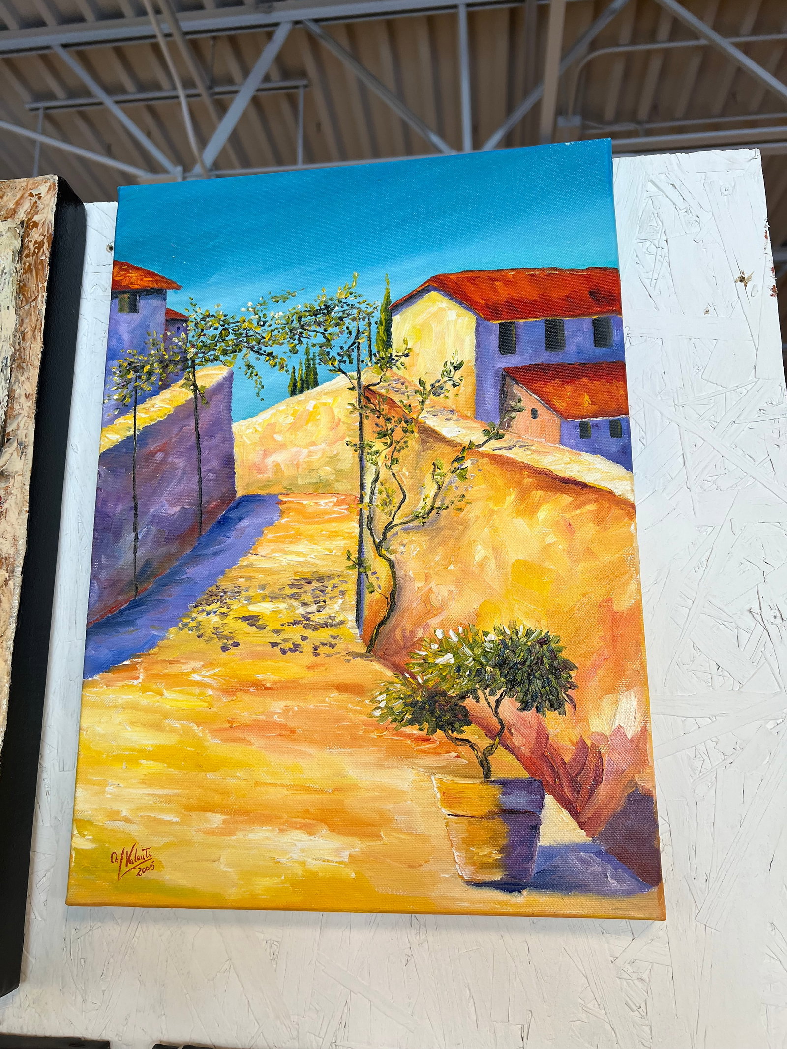 46Signed Manuela Valenti Village Scene Oil on Canvas (1 of 3)