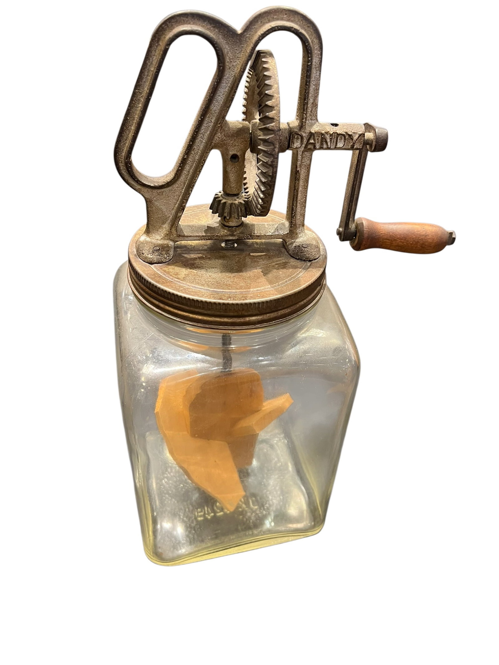 Dandy Butter Churn: This is an authentic antique "Dandy" hand-crank glass butter churn. Produced primarily in the early 20th century, these household devices were a staple of rural life for quickly transforming cream int