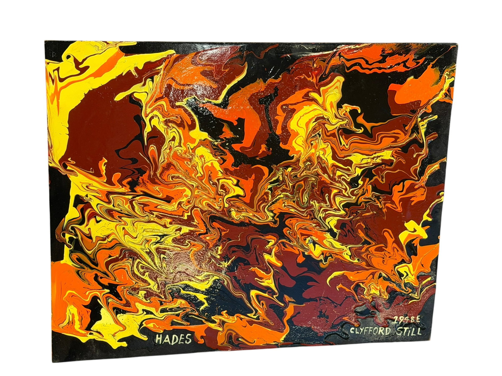 Signed Clyfford Still Acrylic Painting: This image shows a contemporary fluid acrylic pour painting styled to mimic the iconic look of an Abstract Expressionist artwork.While the painting features hand-written signatures and markings in