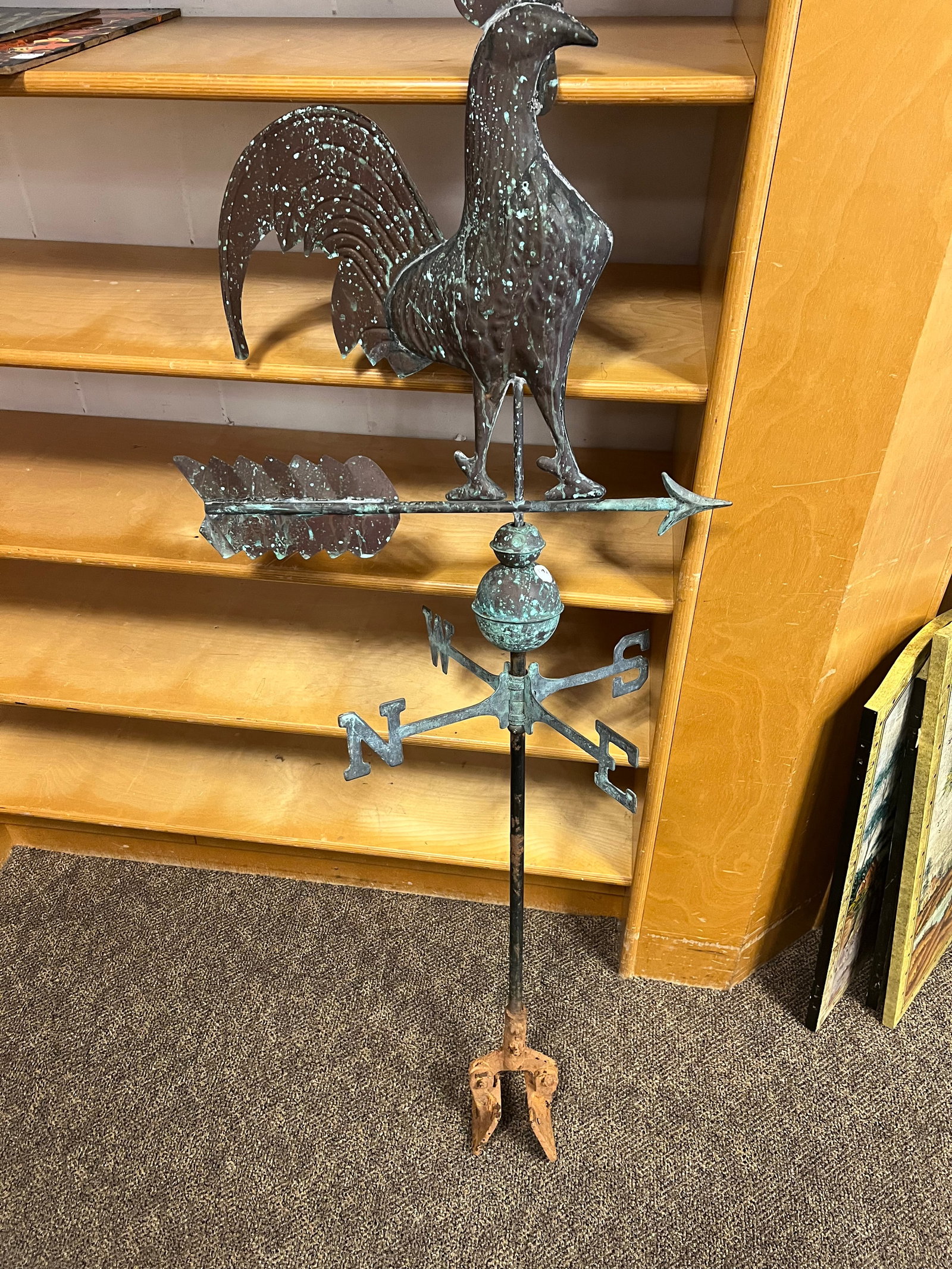 Copper Rooster Weather Vane: This item is a Good Directions Rooster Weathervane with a Blue Verde finish. The visual features show it is crafted from copper that has developed a distinct teal-green patina (verdigris) over time. I