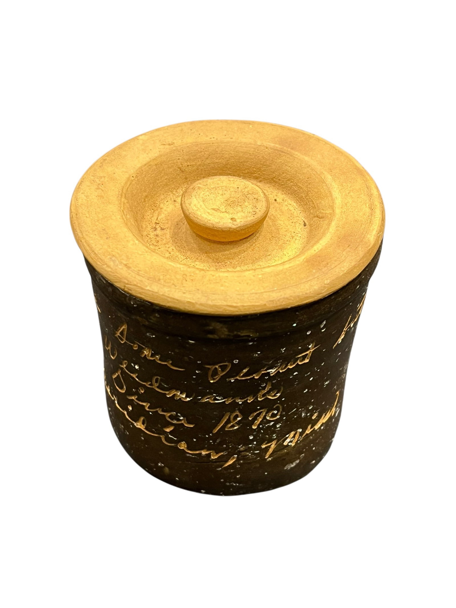 Brown Glazed Stoneware Storage Crock with Lid: This antique glazed ceramic lidded jar shares distinct visual characteristics with historic slipware and sgraffito-decorated tobacco jars. The piece features a dark brown glazed body covered in fine, 