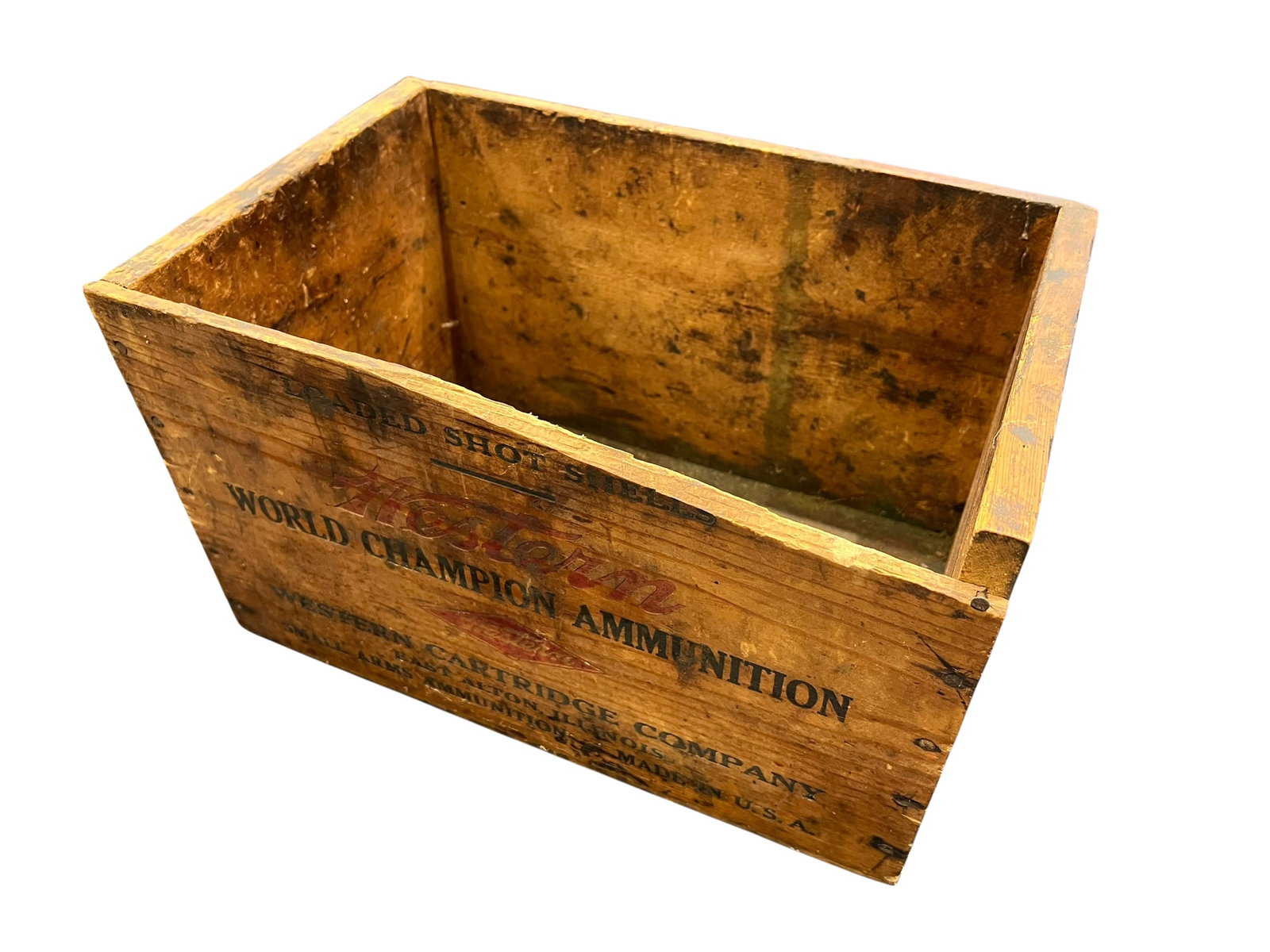 Western Cartridge Company Advertising Box: This vintage wooden crate is a mid-20th-century ammunition box produced by the Western Cartridge Company of East Alton, Illinois, featuring original stenciled graphics for "World Champion