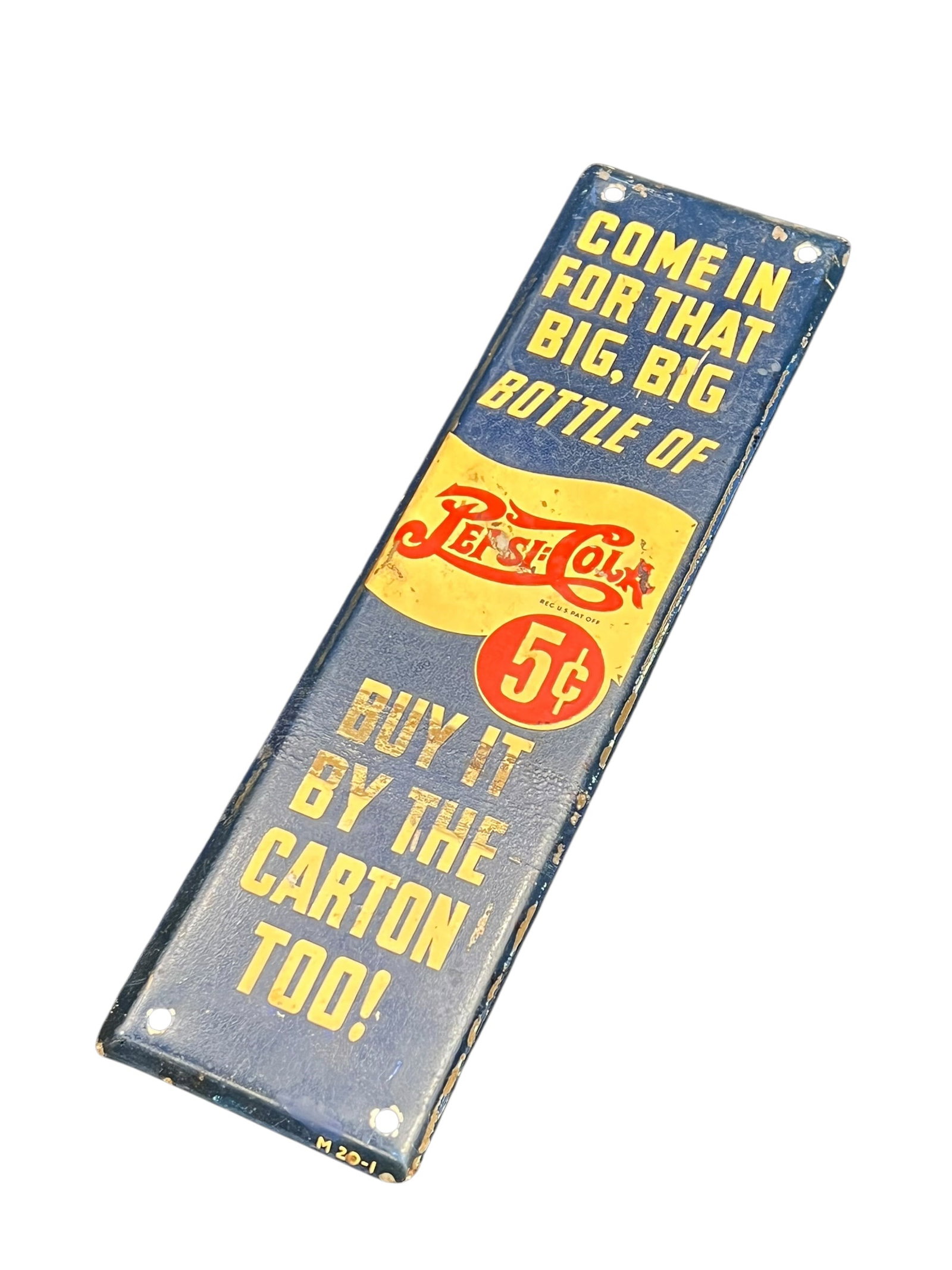 Pepsi Cola Metal Double Dot Door Push: This is a vintage painted metal Pepsi-Cola "Big Bottle" advertising door push, dating back to the 1930s or 1940s. [1, 2]Key FeaturesDesign: Features the classic double-dot Pepsi-Cola script logo
