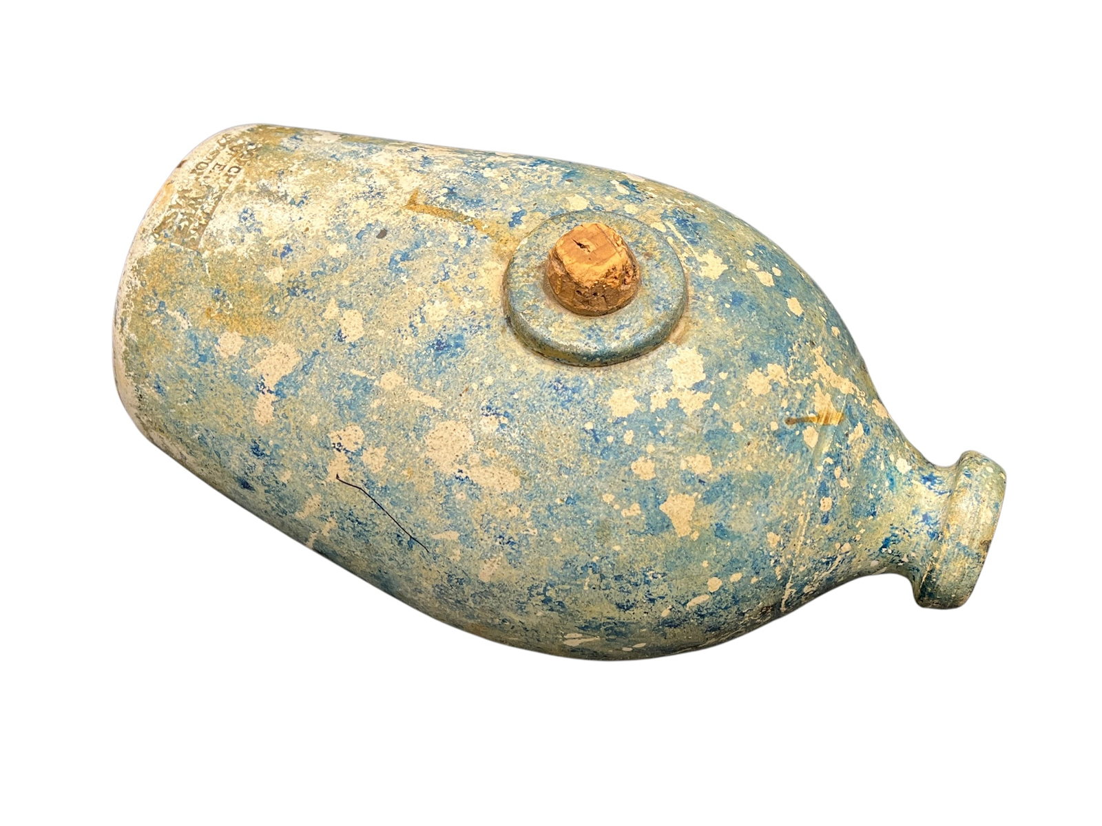 Earthenware Pottery Foot Warmer: This is an antique salt-glazed stoneware "pig" foot warmer, manufactured around 1890 by the Dorchester Pottery Works in Boston, Massachusetts, featuring a distinctive blue mottled sponge-ware glaze