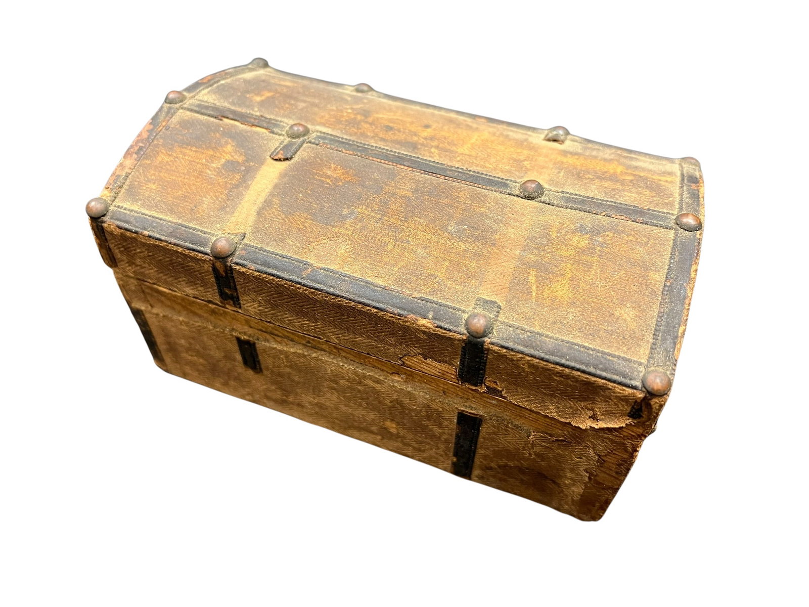 Miniature or Salesman Sample Dome Top Trunk: This appears to be an antique miniature or doll dome-top travel trunk, dating from the late 19th to early 20th century, constructed with a curved wooden or paper-mache core, leather or treated paper c