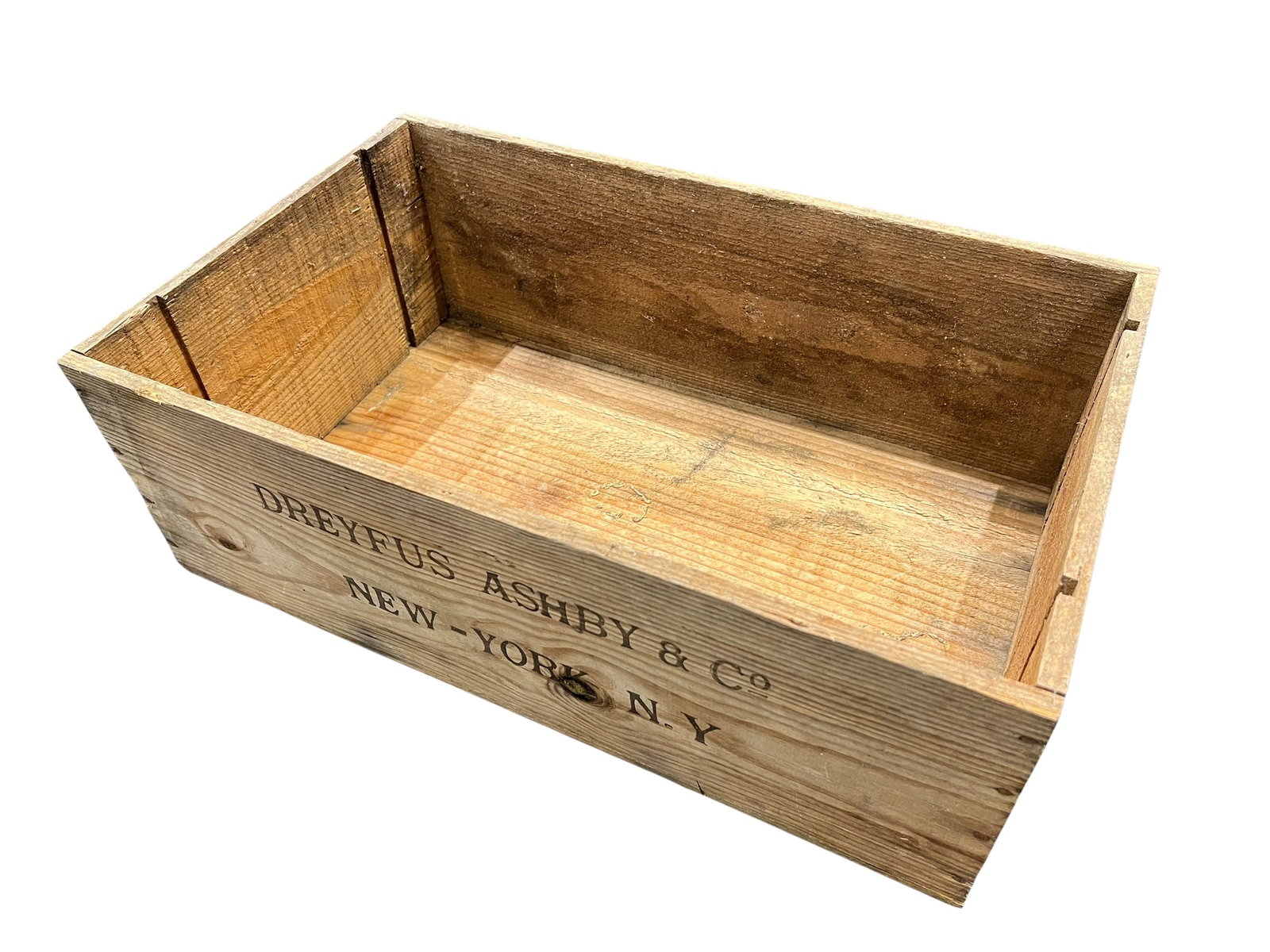 Joseph Drouhin Advertising Box: This vintage wooden advertising crate features stenciled black lettering on the side reading "DREYFUS ASHBY & CO / NEW - YORK, N.Y."Item Type: Vintage wooden shipping or storage crateMarkings: