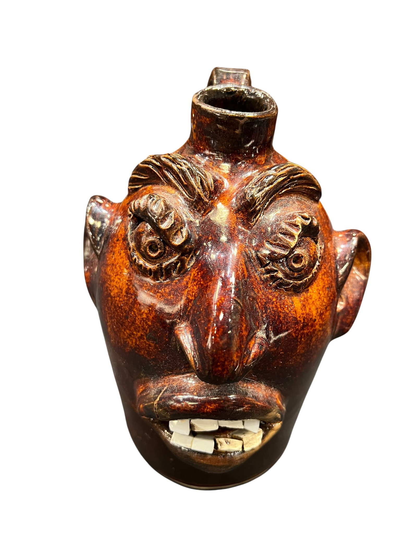 Signed Brown Pottery Face Jug - 2