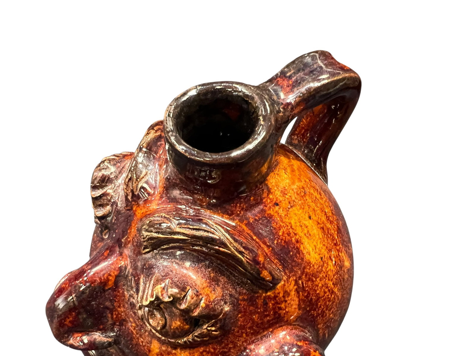 Signed Brown Pottery Face Jug - 4