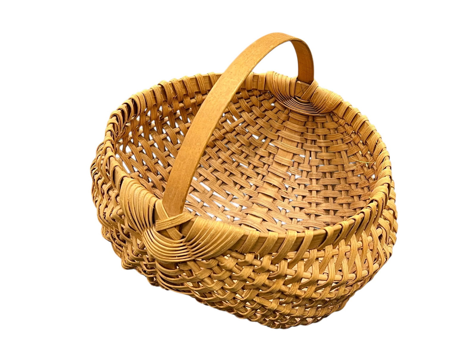 Appalachian Style Plint Oak Buttocks Basket: This is a traditional handwoven melon basket, also commonly referred to as a buttocks basket or egg-gathering basket. [1, 2]Design & Structure: Built with a distinctive rounded, ribbed frame featuring