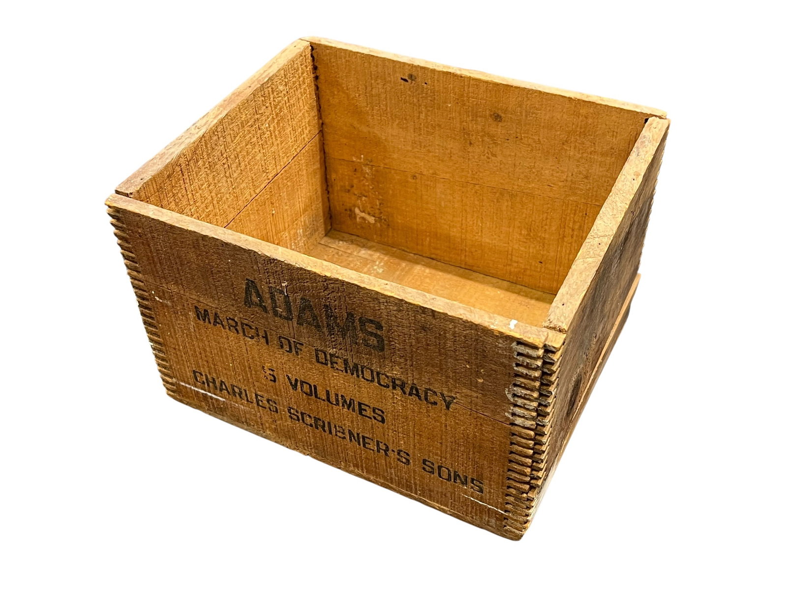 Adam’s Advertising Box: This is a vintage wooden shipping crate for James Truslow Adams' historical book set The March of Democracy, published in multiple volumes by Charles Scribner's Sons during the 20th century.Item: