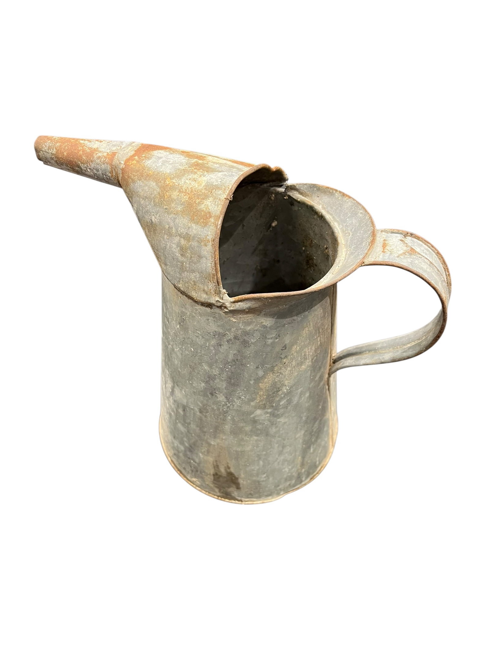 Galvanized Steel Oil Can/Liquid Pitcher: A vintage galvanized metal oil pour can featuring a long angled spout, integrated funnel top, and a side handle, commonly used for automotive or farm utility work. [1, 2, 3]Material: Galvanized steel