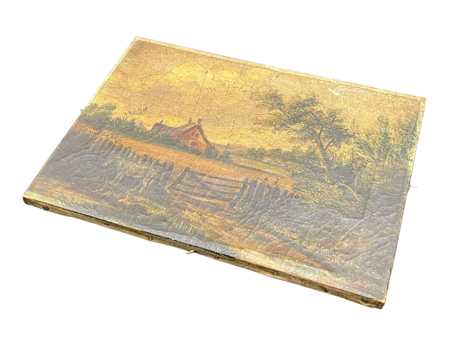 Oil on Canvas Signed W. S. Coroe Painting - Farmhouse Scene: This item appears to be an antique or vintage landscape painting on a wooden panel or board, depicting a rural pastoral scene with a cottage, gate, and trees under a golden sky.Medium & Support: Oil