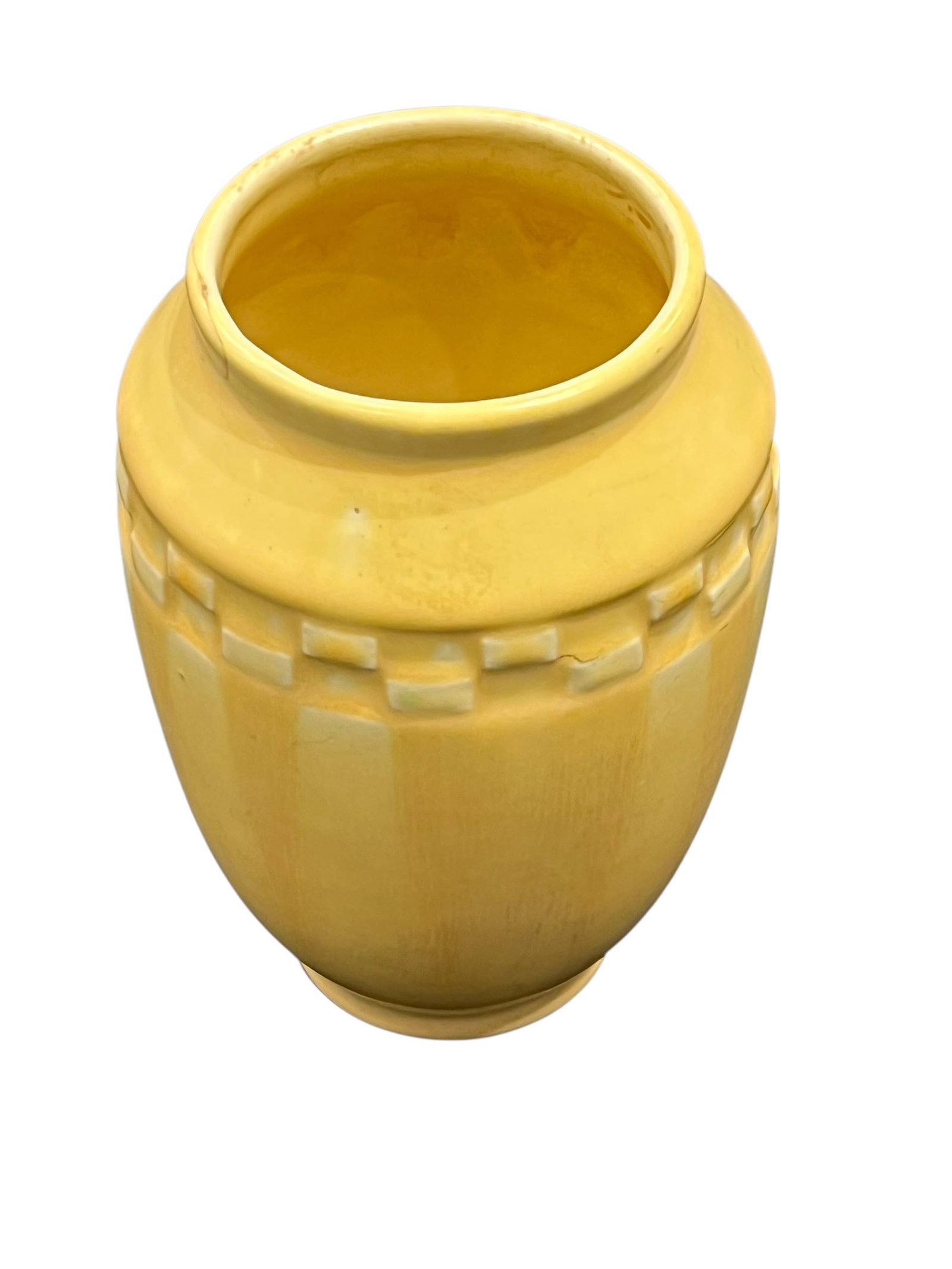 Rookwood Pottery Vase Stamped on Bottom: This vintage yellow ceramic art pottery vase features a satin matte glaze and an embossed geometric band around the shoulder, resembling mid-20th-century American art pottery styles. [1, 2]Material & 