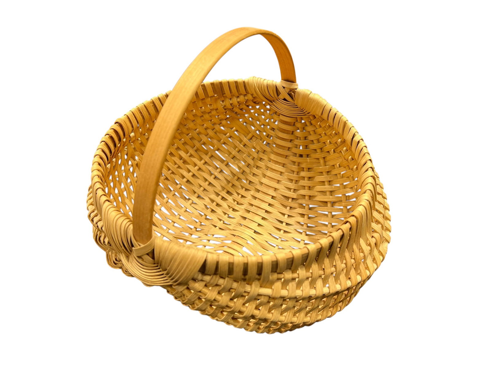 Hand Woven Wooden Print Buttocks Basket: This handwoven wooden splint egg basket, commonly known as a traditional buttocks or melon basket, features a distinctive pinched oval body and a sturdy bent-wood handle. [1, 2, 3]Design: Features a c
