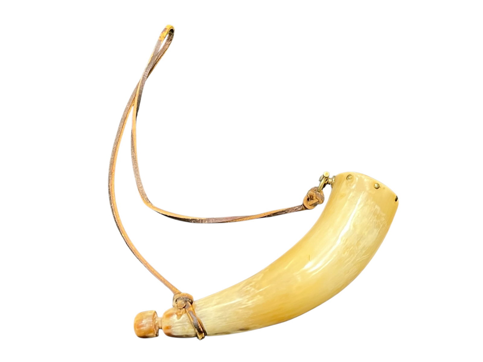 Powder Horn: This object is an antique gunpowder horn, traditionally crafted from a natural bovine horn and fitted with a wooden or bone end-plug and a leather carrying strap. [1]Material & Construction: Made from