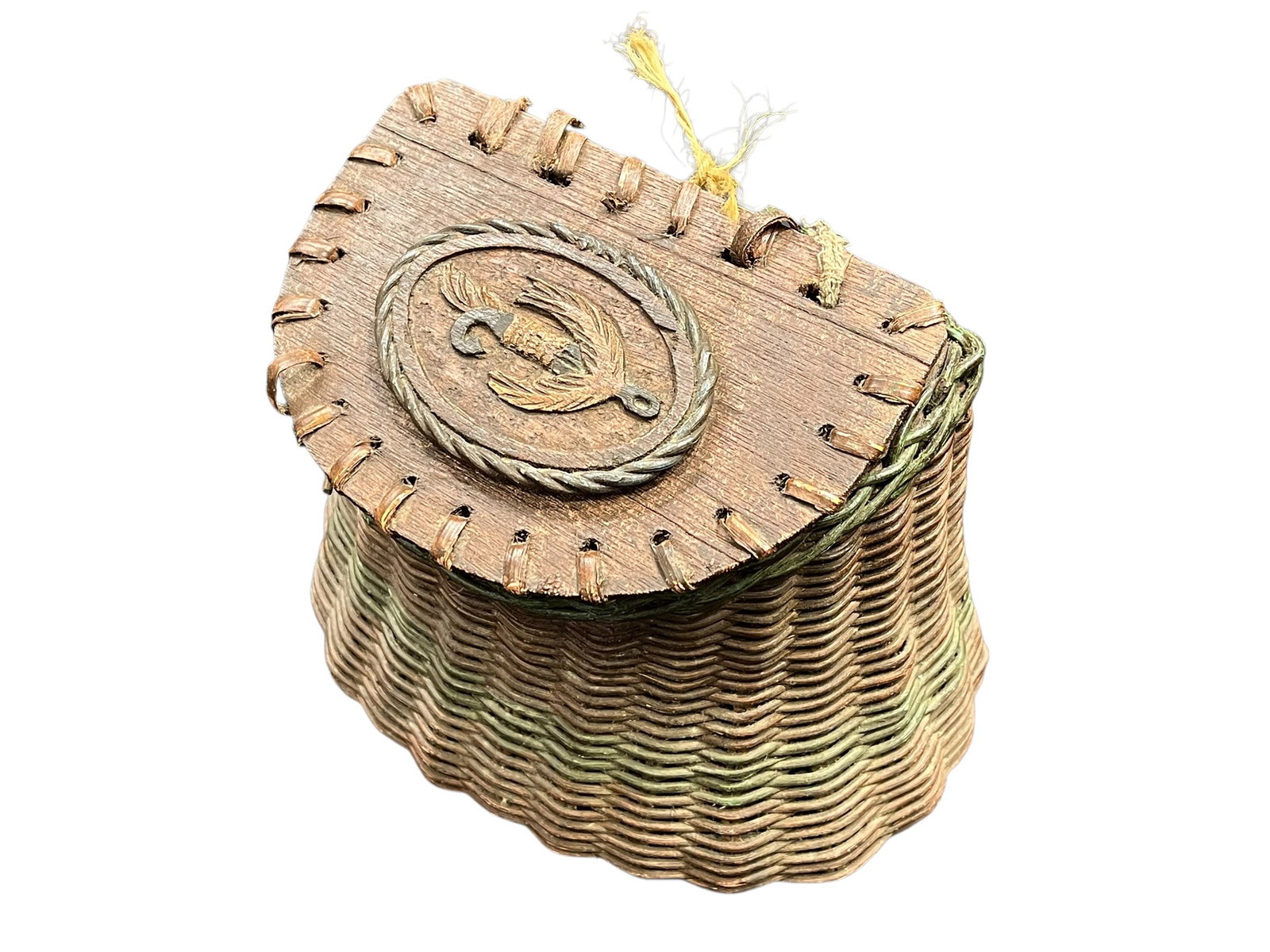 Handwoven Wicker Split Reed Fishing Creel Basket with Hand Carved Fishing Lure (1 of 6)
