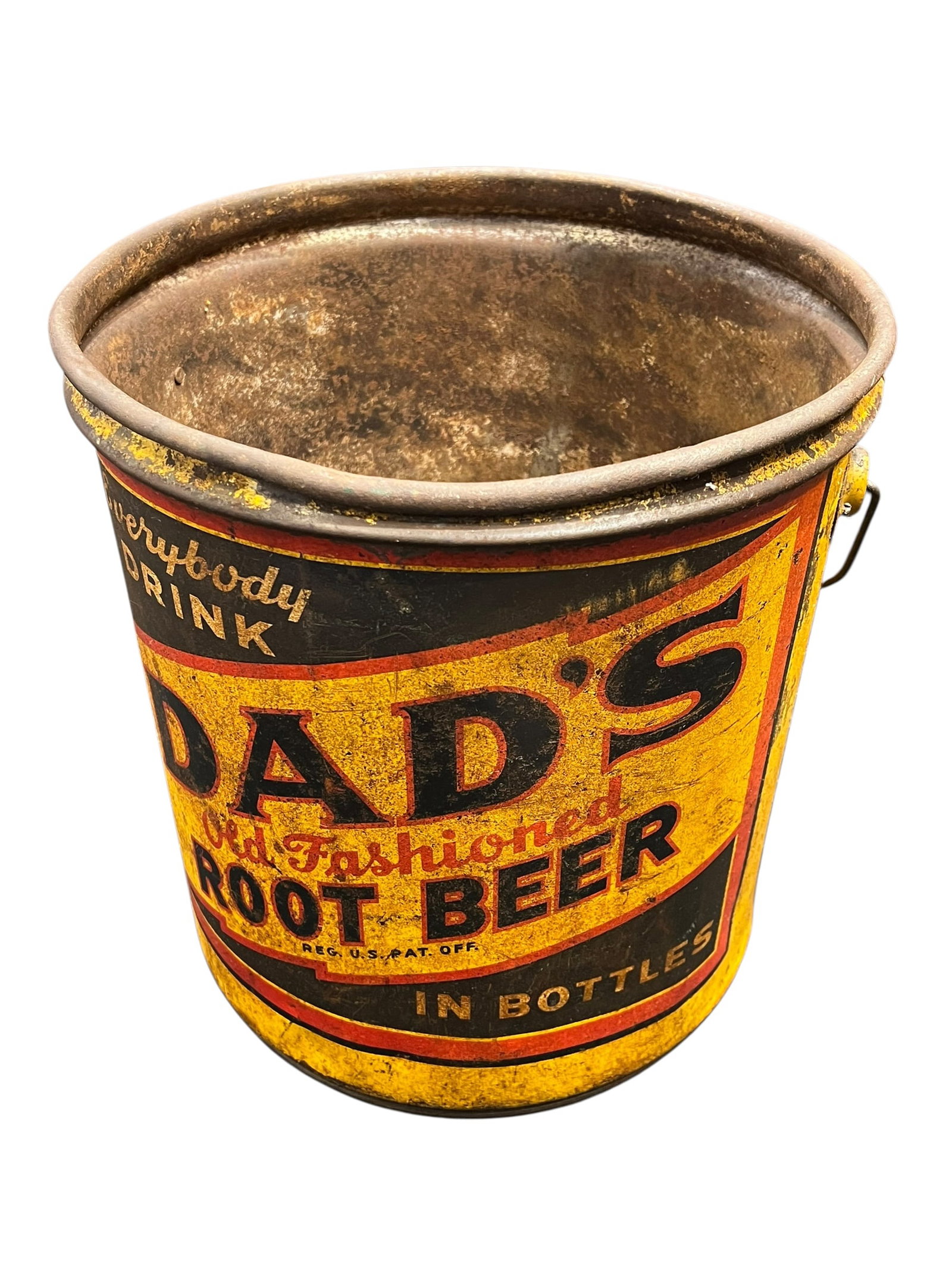 Dad’s Rooter Advertising Can: This is a vintage 1950s Dad's Old Fashioned Root Beer 5-gallon metal syrup can or dispenser bucket used for soda fountain mixing and commercial distribution. [1, 2]Design: Features the classic bright