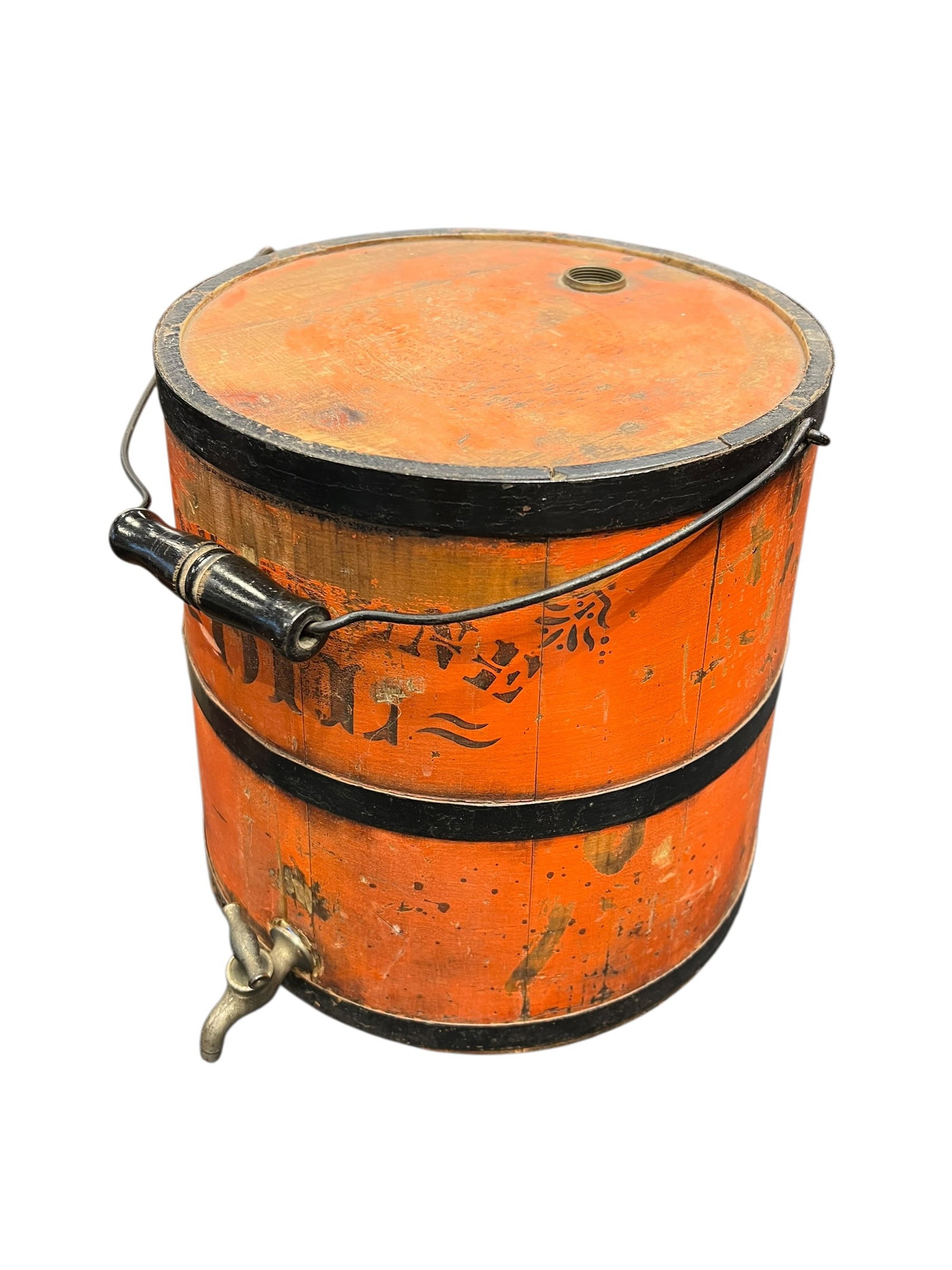 Staved Wooden Kerosene Oil Bucket: This is an antique staved-wood kerosene oil bucket, typically manufactured by companies like the Impervious Package Co. during the late 19th or early 20th century. [1]Design: Built with staved pine