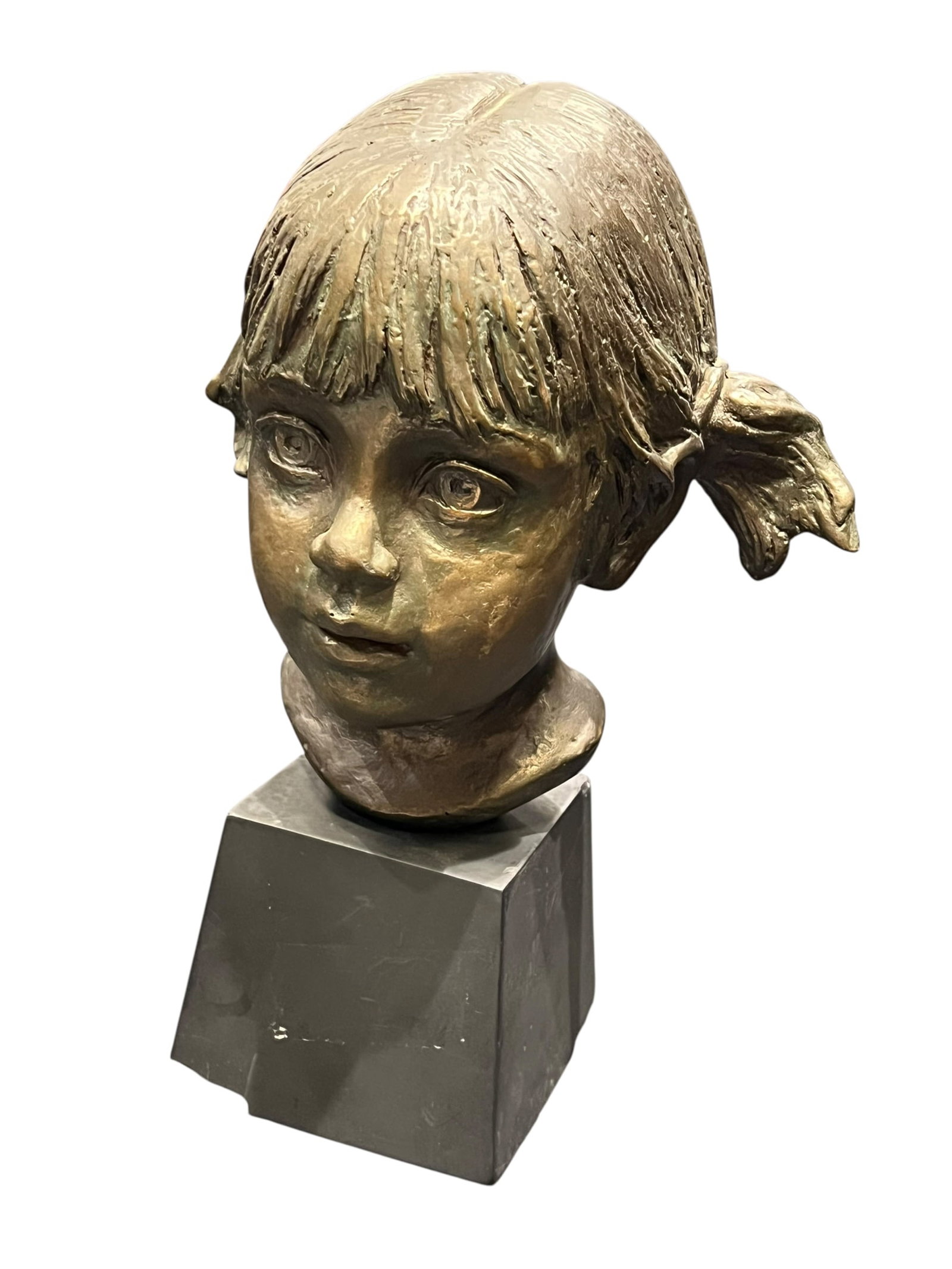 When I Grow Up Bronze Coated Bust: This artwork appears to be a patinated bronze bust of a young girl with bangs and pigtails, closely resembling figurative sculptures like those by J. Kuppler (such as the piece titled "When I Grow