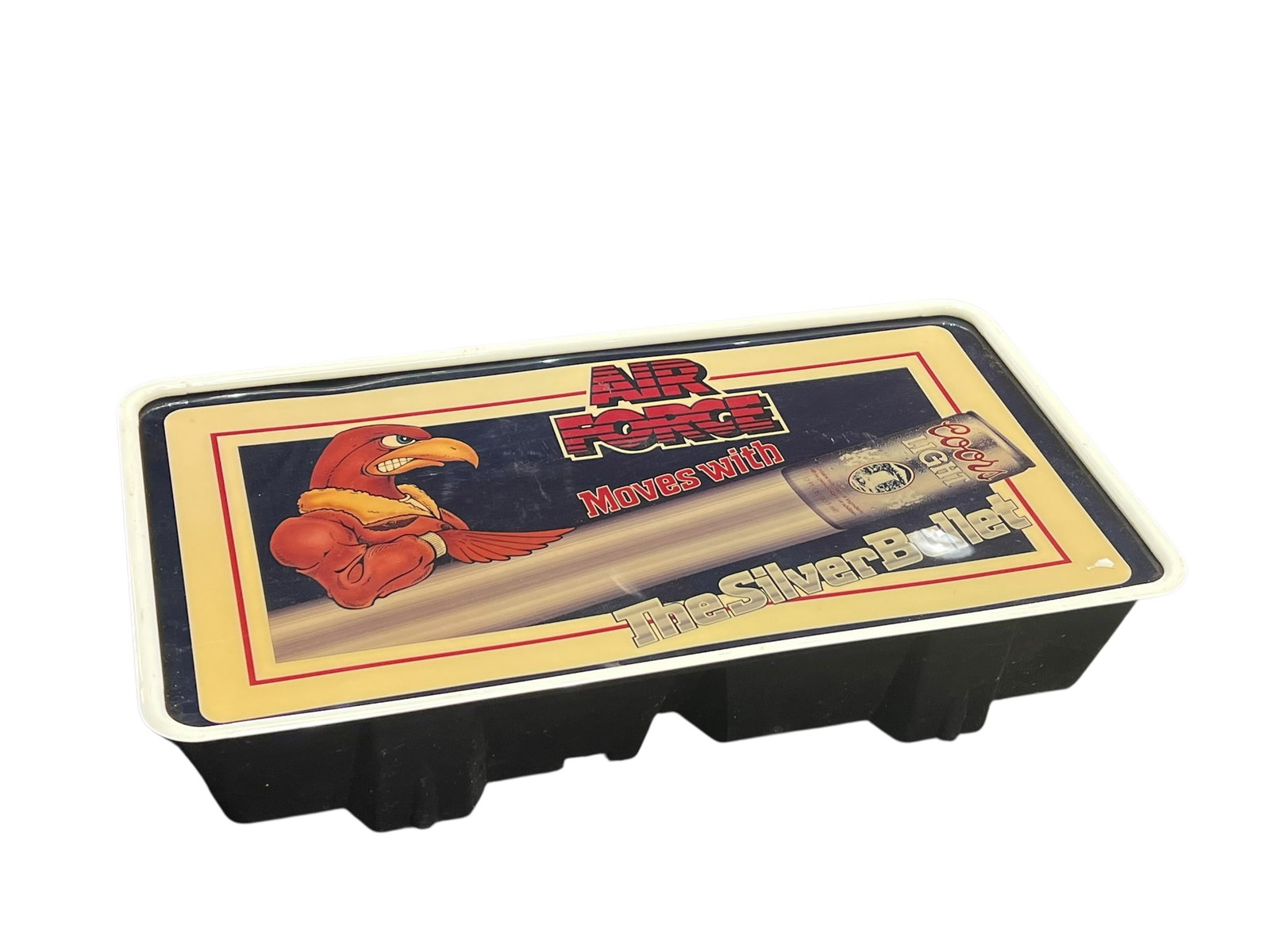 Coors Light Advertising Light: Item: Vintage Coors Light "Air Force Moves with The Silver Bullet" promotional mirror sign.Design: Features a retro red mascot graphic with the "Air Force" and "Coors Light / The Silver Bullet" brandi
