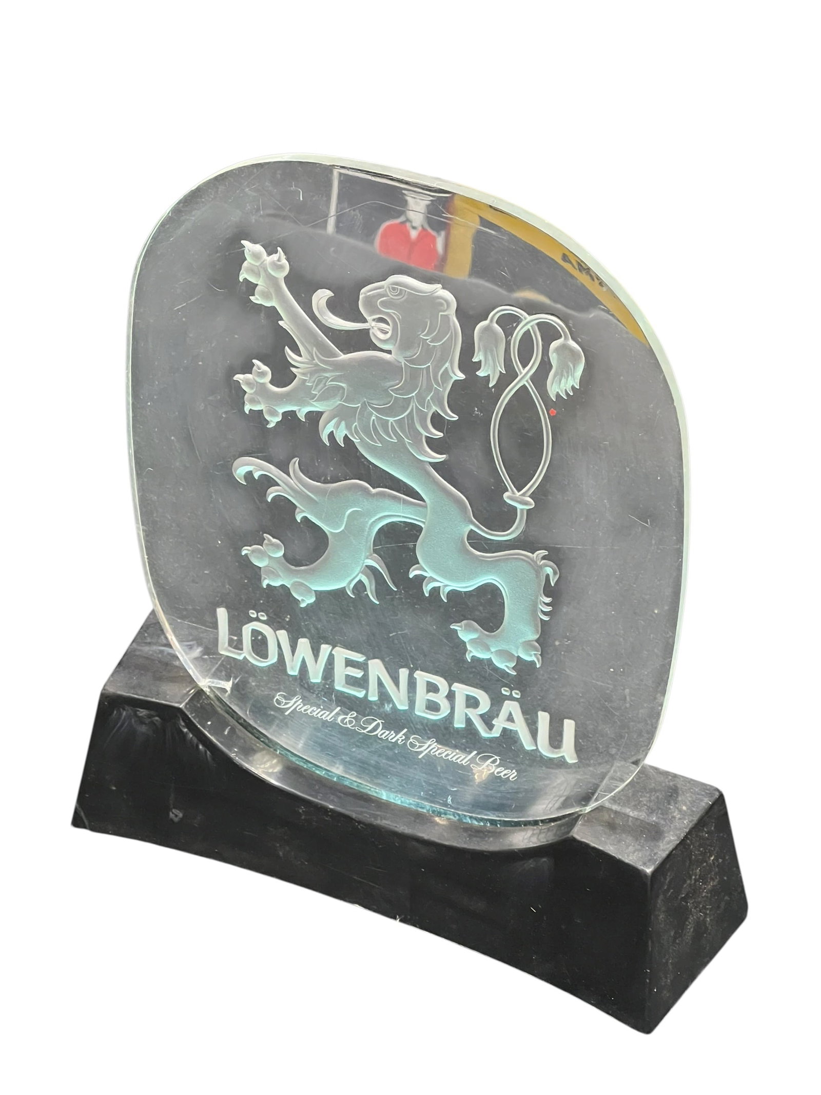 Lowenbrau Beer Advertising Sign: This is a vintage 1970s Löwenbräu "Light Special & Dark Special Beer" acrylic/lucite edge-lit counter or bar sign featuring the brand's iconic lion crest on a heavy black base. [1]Item Type: Illumin