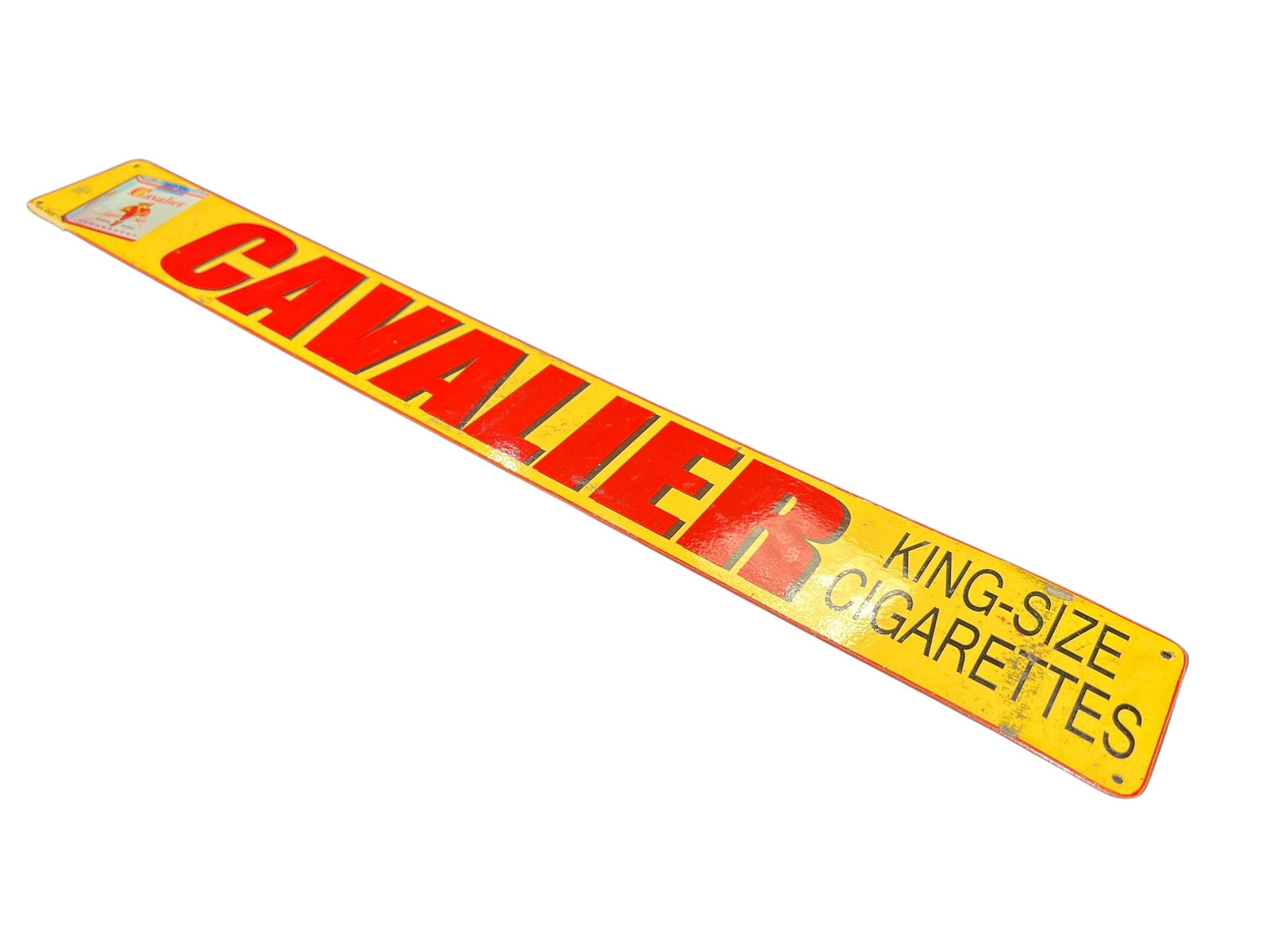 Cavalier Cigarettes Advertising Sign: This item is a vintage mid-20th-century single-sided tin/metal advertising sign—specifically a door push or tacker plate—for Cavalier King-Size Cigarettes produced during the 1950s. [1, 2, 3]Key