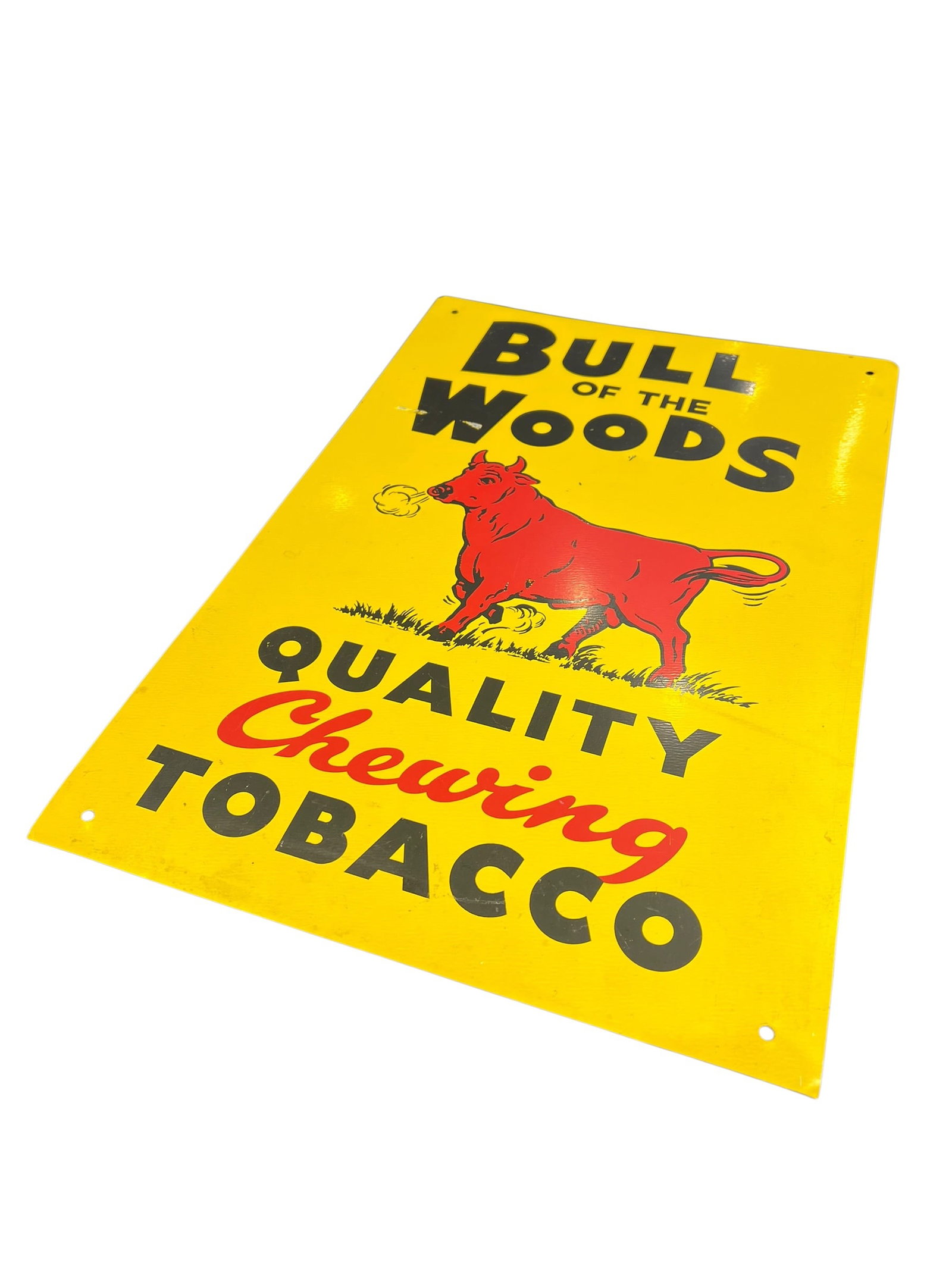 Bull of the Woods Chewing Tobacco Metal Advertising Sign: This is a vintage-style metal advertising sign featuring the classic Bull of the Woods Quality Chewing Tobacco graphic with a bright yellow background and a red bull illustration. [1]OverviewItem: Dec