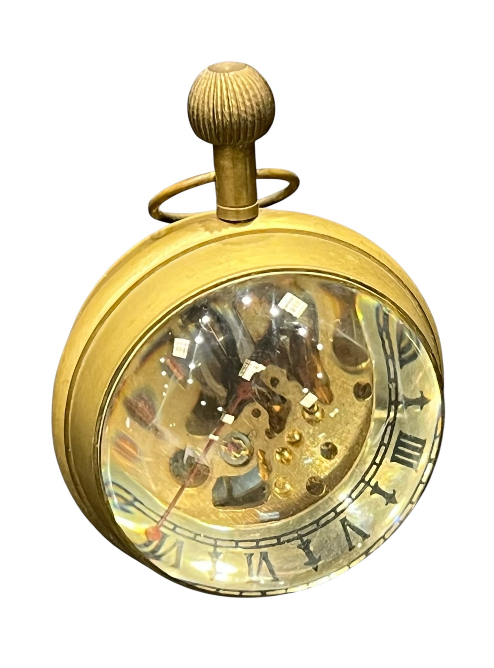 Glass Globe Mechanical Skeleton Pocket Watch: This item is a vintage spherical glass ball clock (often called an orb desk clock or paperweight clock), traditionally encased in heavy antiqued brass. Key Design CharacteristicsMagnifying Crystal Glo