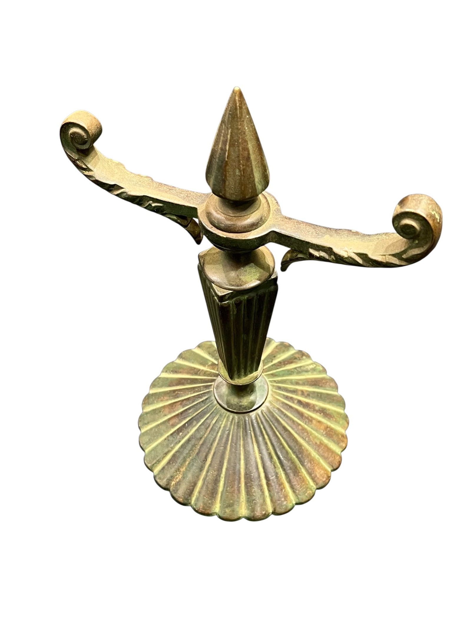 Bronze Two Arm Candelabra Tiffany & co.: This object appears to be the top handle portion of an antique brass standing ashtray (smoking stand) or a fireside tool stand accessory.The scrolled, T-shaped crossbar served as a handle for carrying
