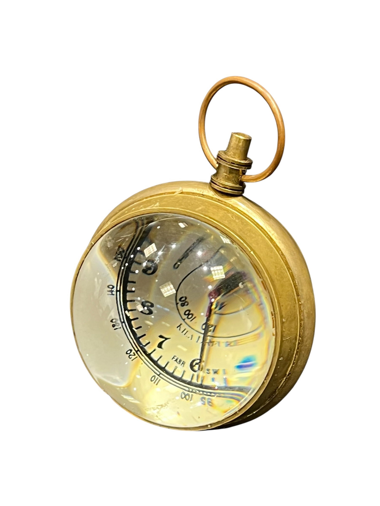 Nobilitas Glass Globe Chronometre & Chronograph: The image shows an antique pocket barometer and thermometer, a historical scientific instrument housed in a circular brass case designed similarly to a vintage pocket watch.Key Features of the