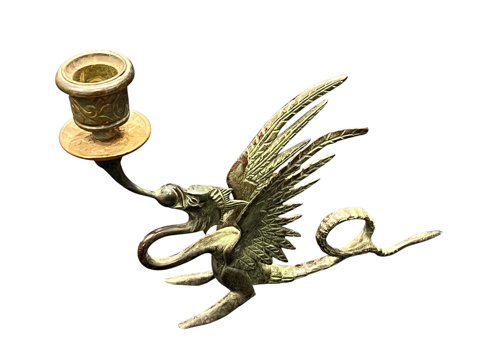 Tiffany & Co. Bronze Gothic Style Candle Holder: This item is a vintage Gothic Revival style winged dragon brass candlestick holder, often featuring a distinct mixed-metal composition with a brass body and a copper bobeche (drip pan). [1]Key