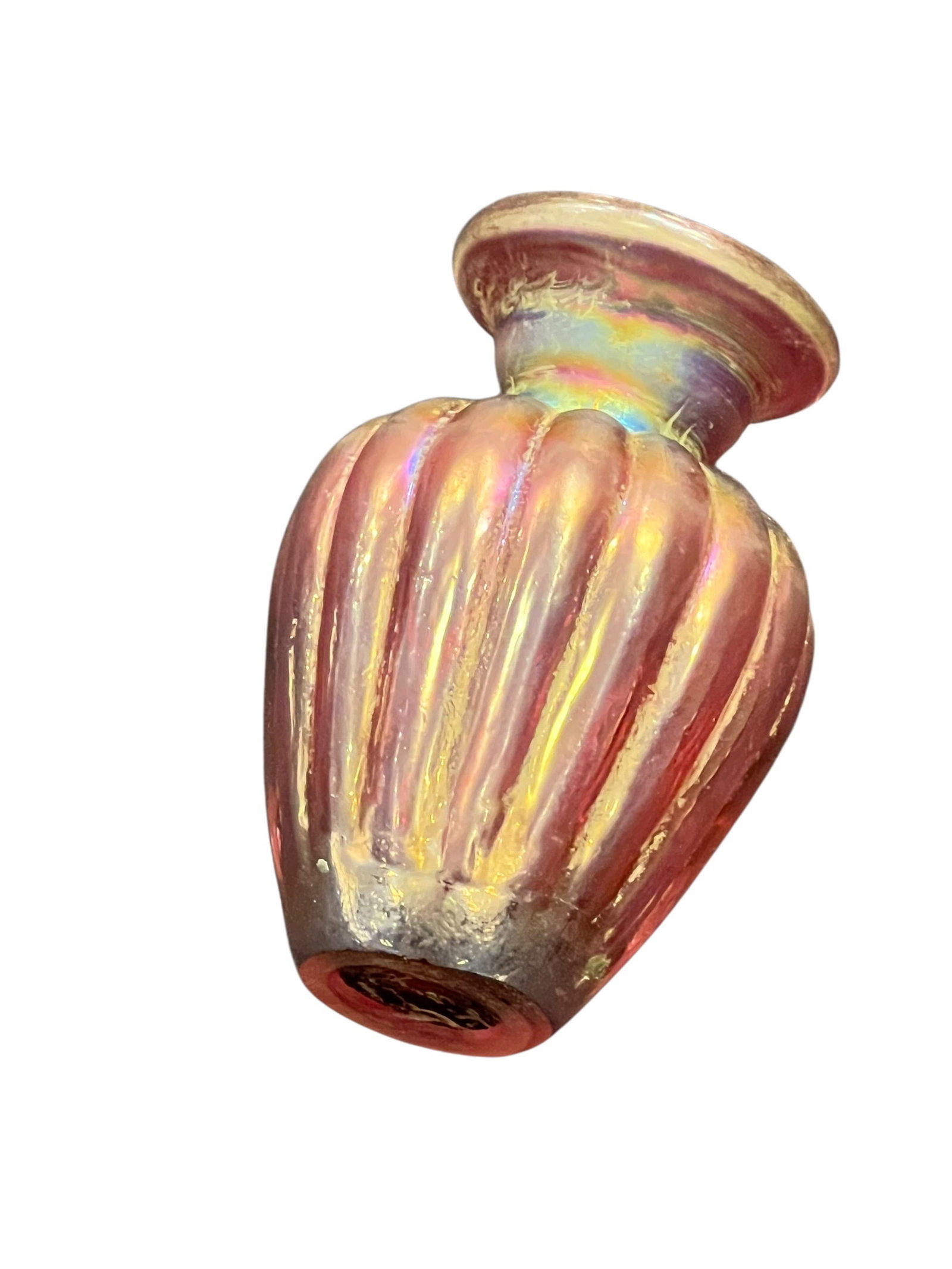 Small Hand Blown Art Glass Vase signed Louis Comfort Tiffany: This item is a vintage miniature ribbed art glass vase. It is characterized by its prominent vertical fluting, a flared collar rim, and a vibrant pinkish-gold iridescent finish reminiscent of classic 