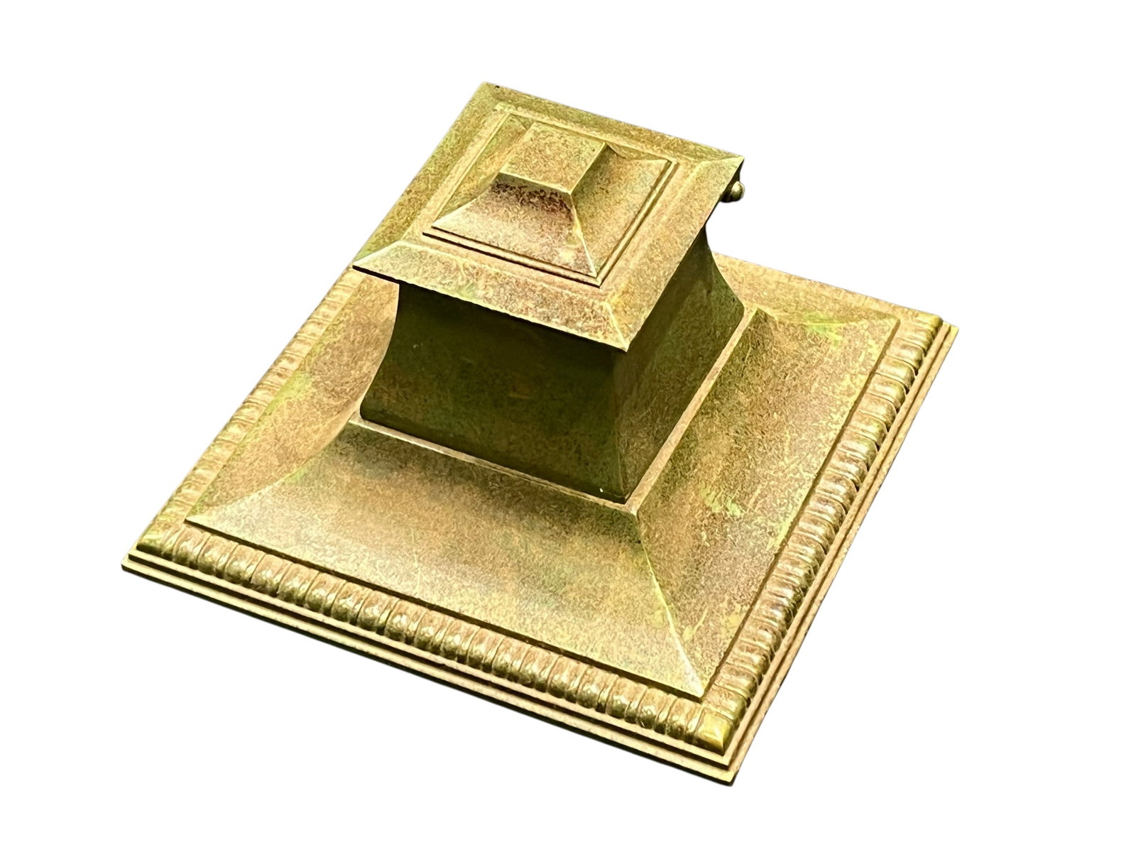 Tiffany & Co. Brass/Bronze Ink Well: This is an antique heavy brass pyramid inkwell, likely dating from the early 20th century in the Arts and Crafts or Art Nouveau style, featuring a stepped square base and a tiered pyramidal lid. [1,