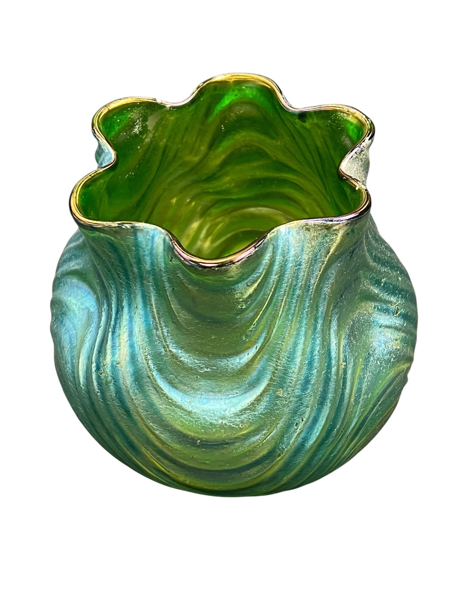 Loetz Iridescent Green Art Glass Vase: This antique Loetz "Crete Formosa" art glass vase (circa 1900–1902, Austria) features vibrant green iridescent blown glass with a distinctive ruffled, fluted rim and organic ribbed texturing. [1, 2,