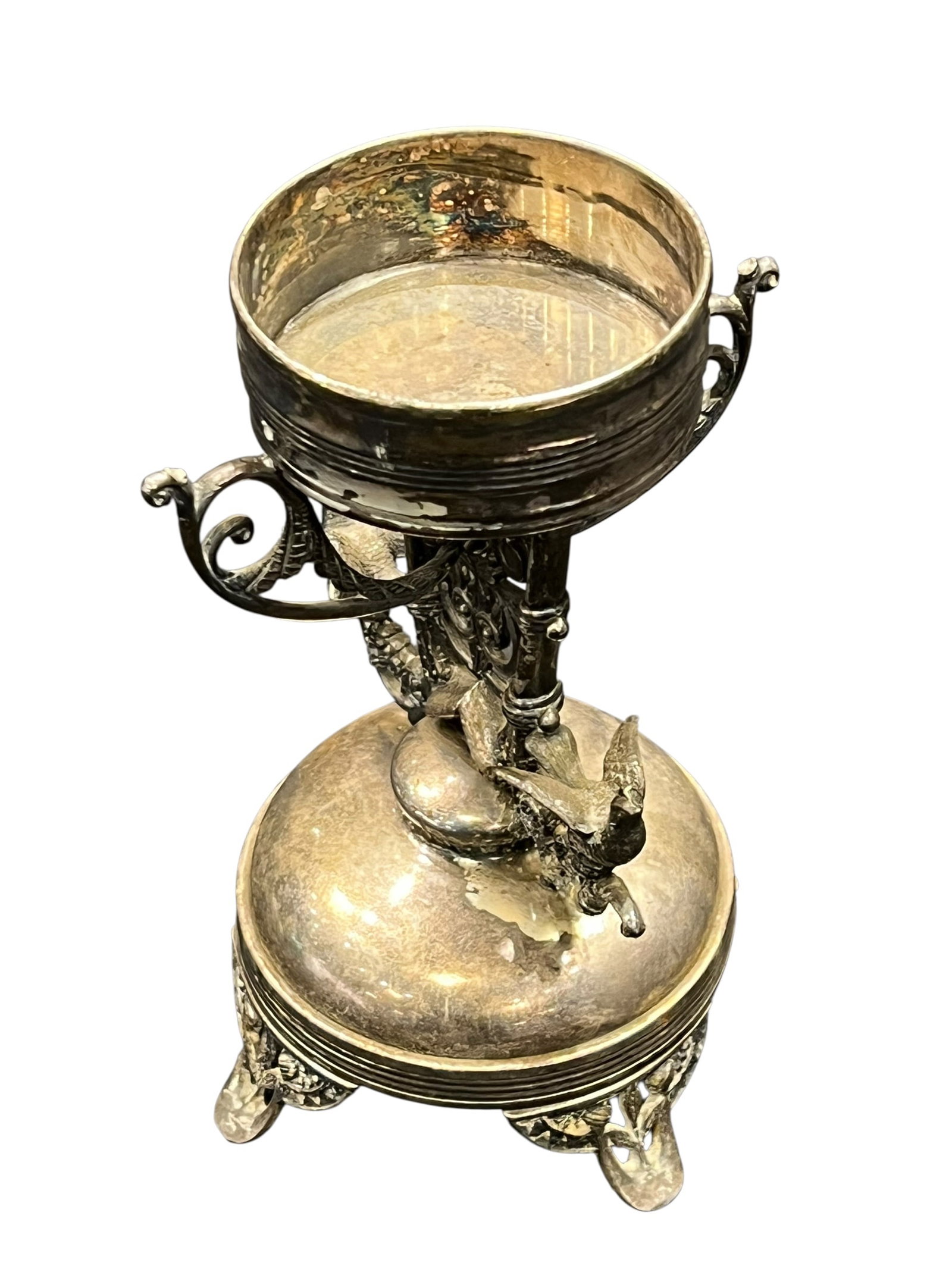 Silver Plated Centerpiece Stand art glass flutred bowl signed Pairpoint: This appears to be an antique figural silver-plated centerpiece stand or small tazza/bowl holder, likely dating from the late 19th-century Victorian or Eclectic revival period, featuring ornate natura