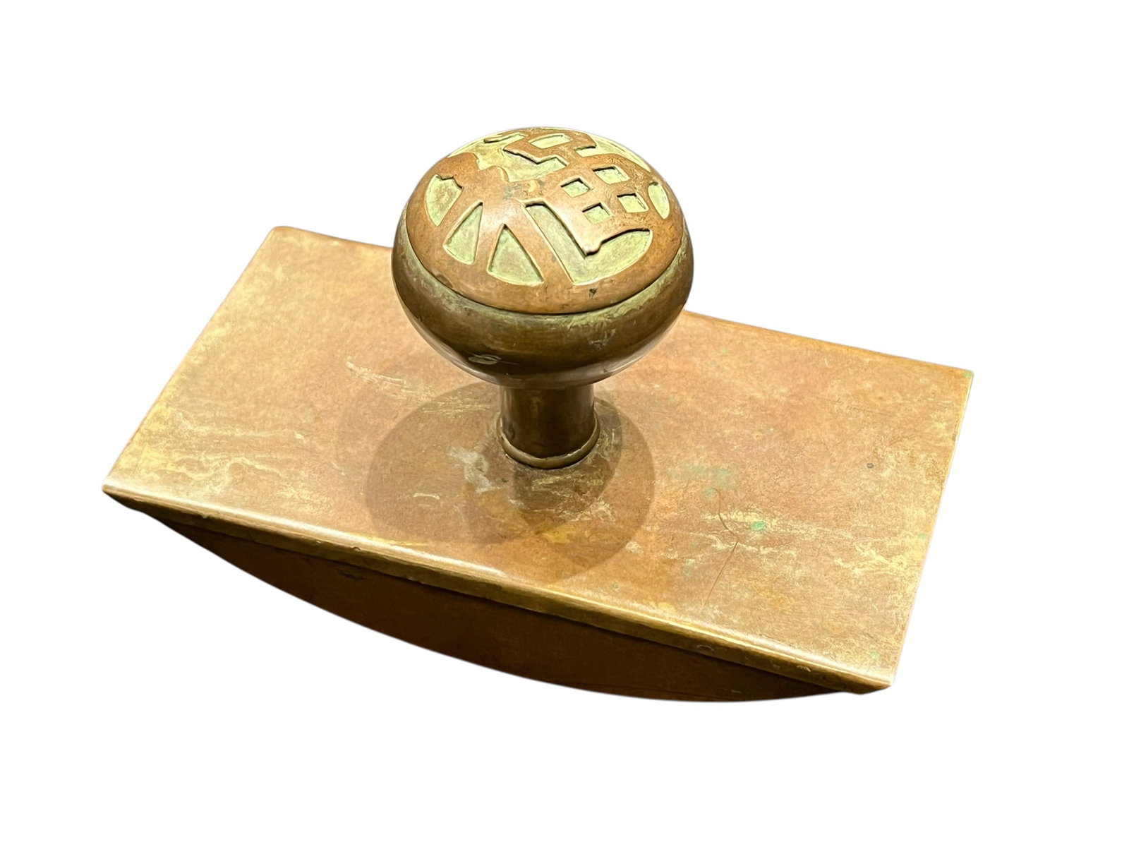 Tiffany Studios Brass Rocking Ink Blotter: This is an antique bronze rocker ink blotter, commonly styled in the Zodiac pattern produced by makers like Tiffany Studios in the early 20th century. [1]Function: Used with fountain and dip pens to r
